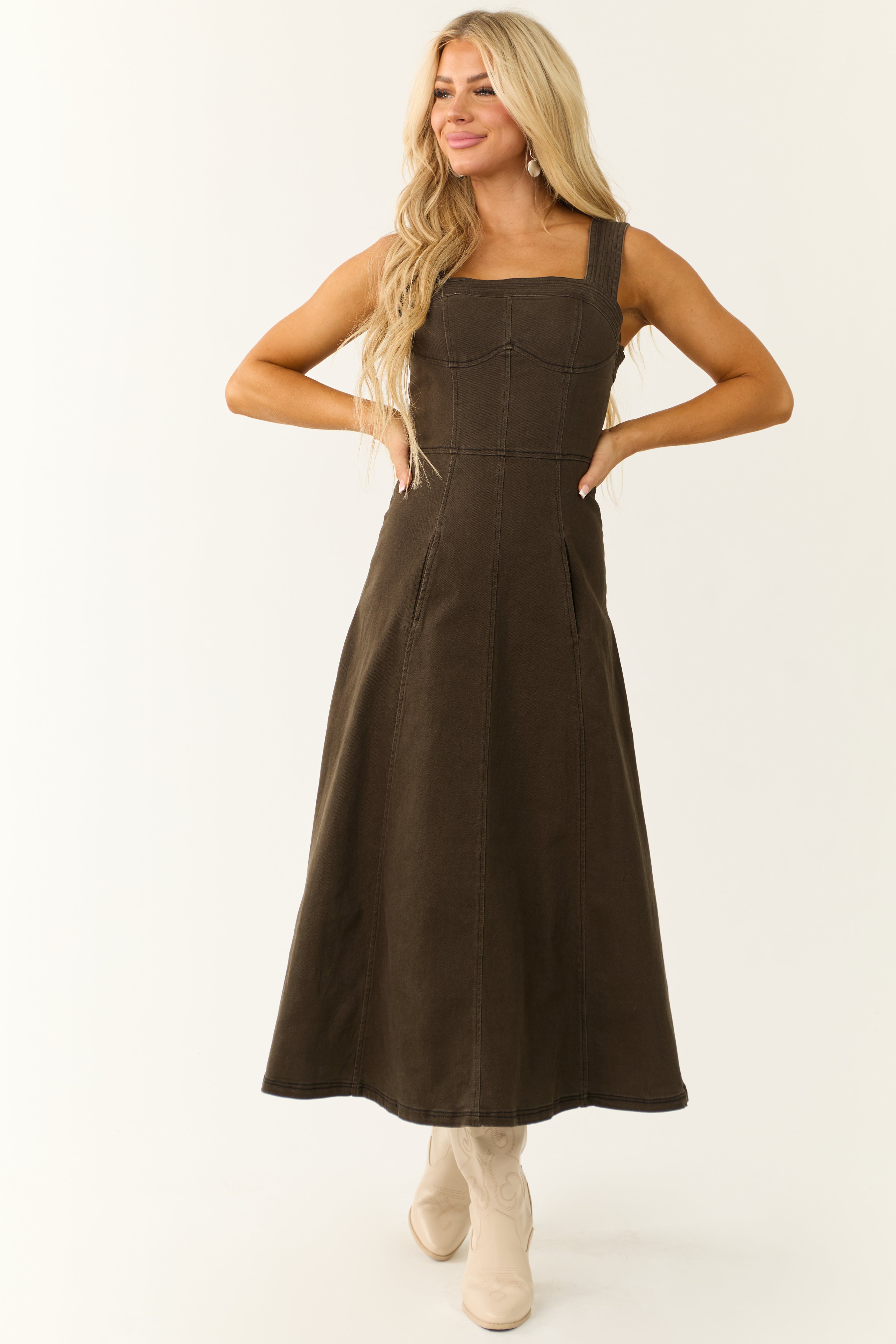 Dark Army Green Denim Thick Strap Midi Dress | Lime Lush Boutique