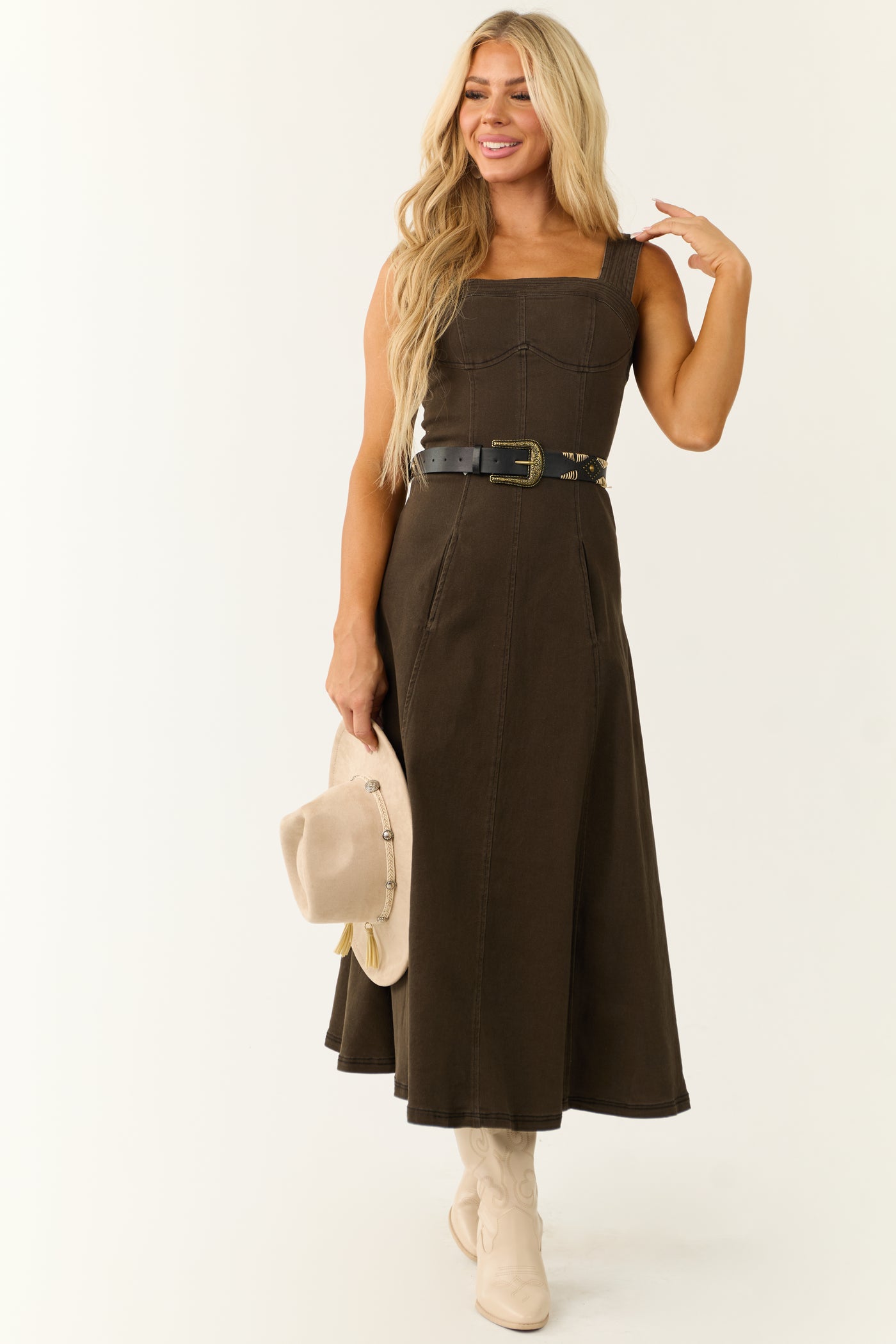 Dark Army Green Denim Thick Strap Midi Dress Dark Army Green Denim Thick Strap Midi Dress