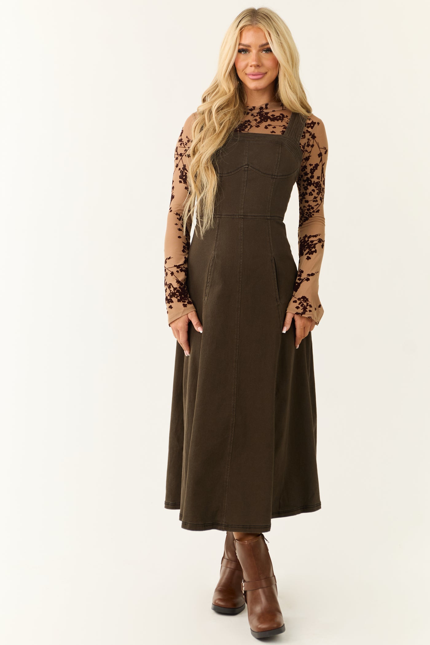 Dark Army Green Denim Thick Strap Midi Dress Dark Army Green Denim Thick Strap Midi Dress