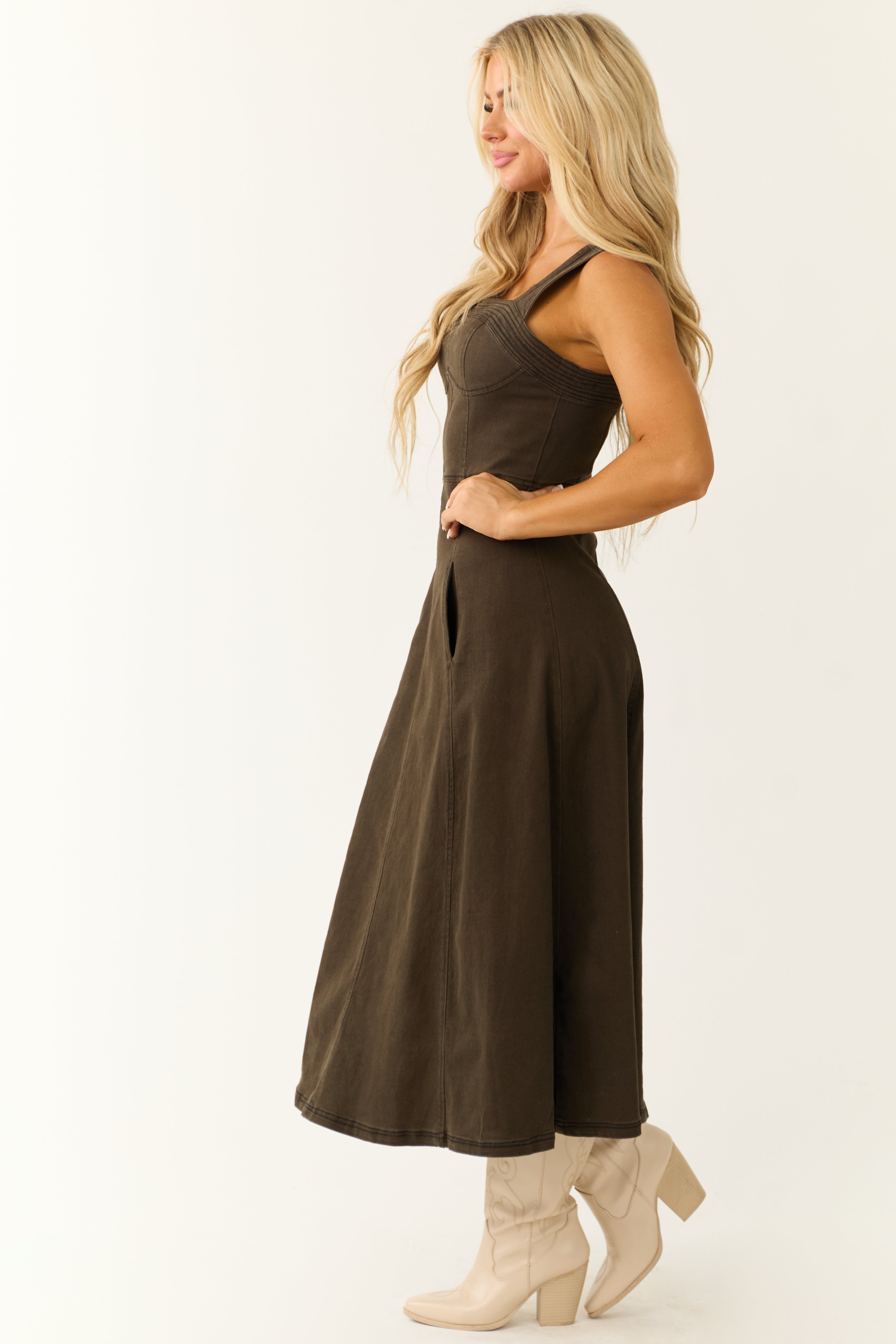 Dark Army Green Denim Thick Strap Midi Dress Dark Army Green Denim Thick Strap Midi Dress