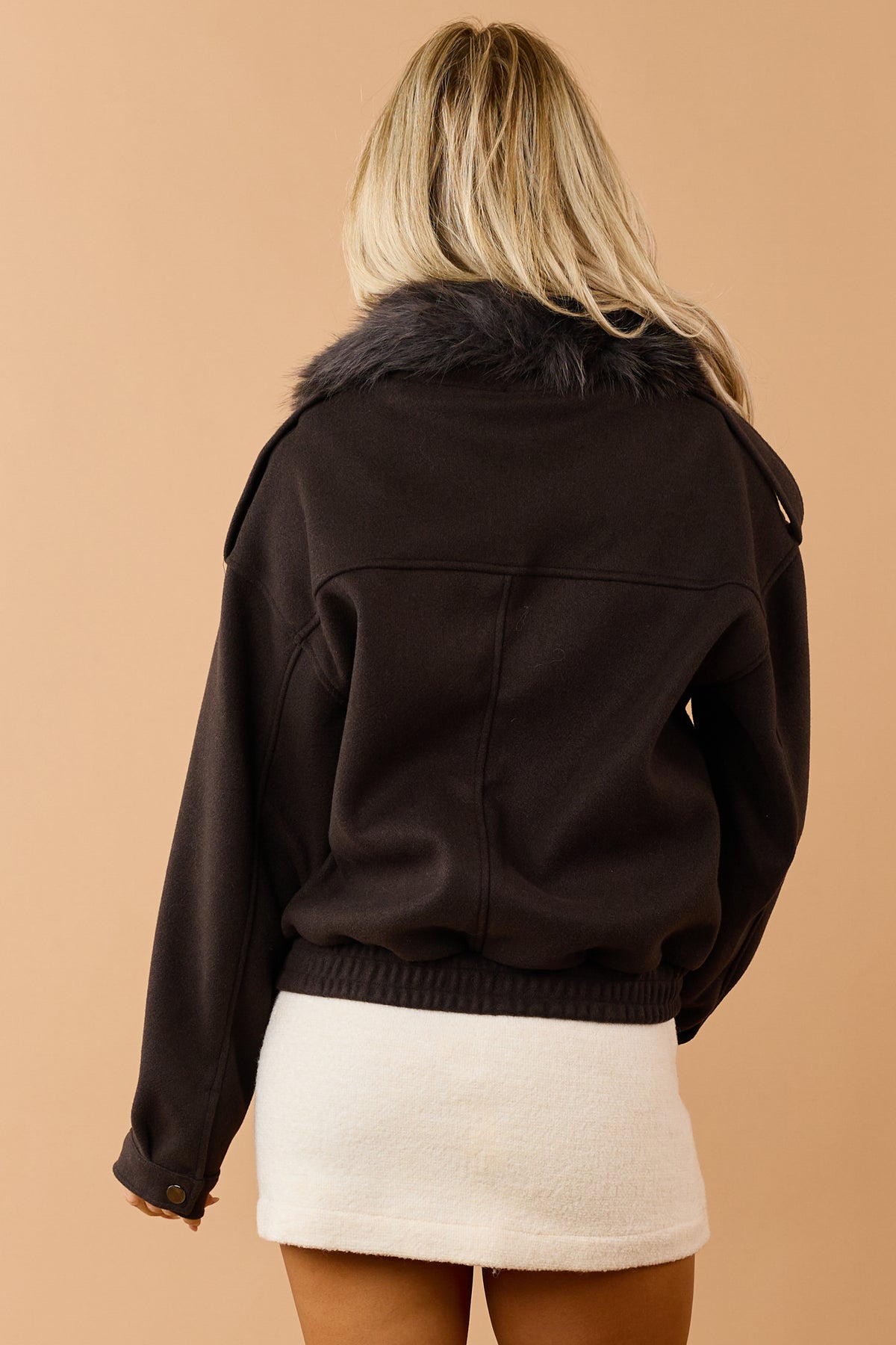 Dark Chocolate Faux Fur Collar Button Down Jacket