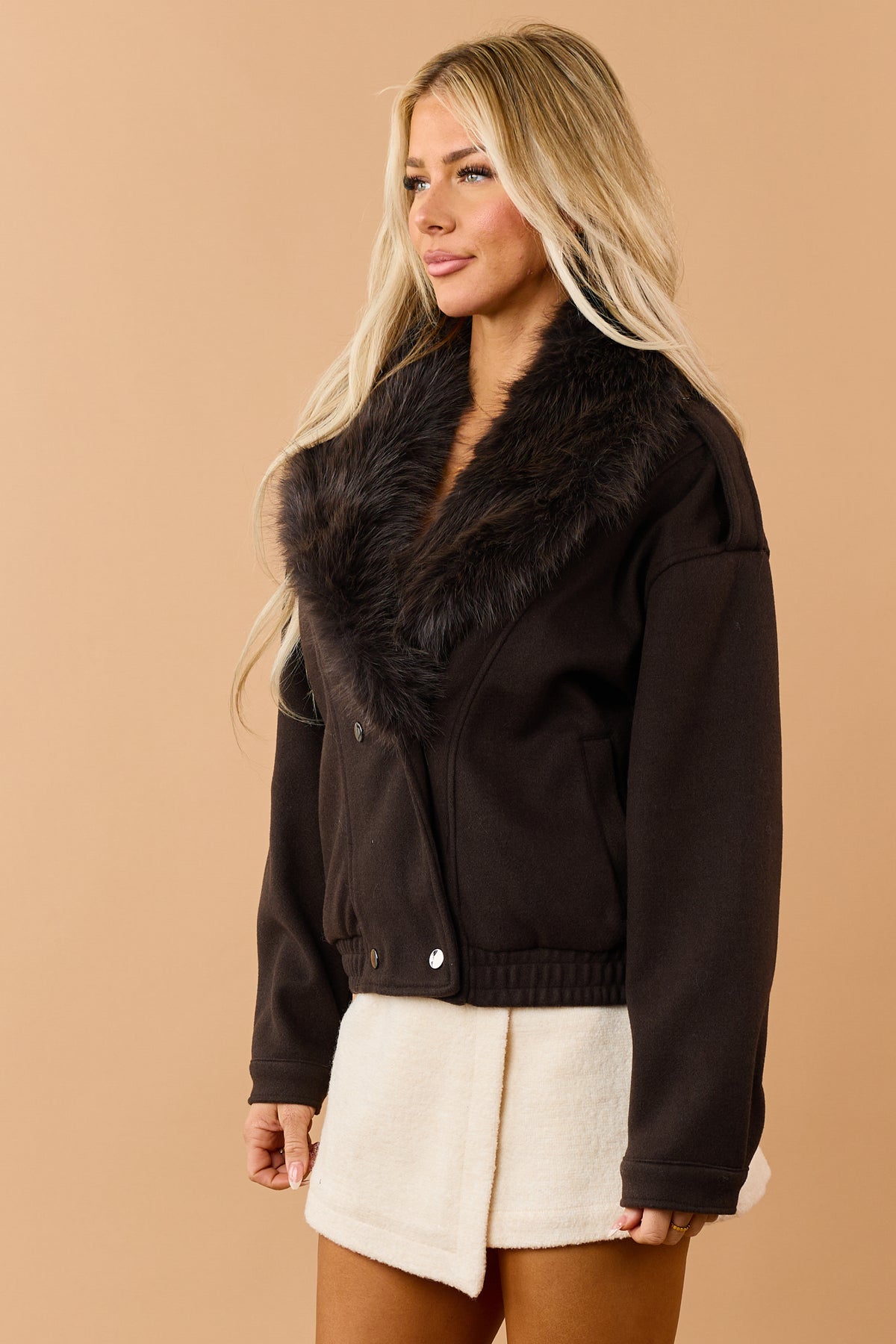 Dark Chocolate Faux Fur Collar Button Down Jacket