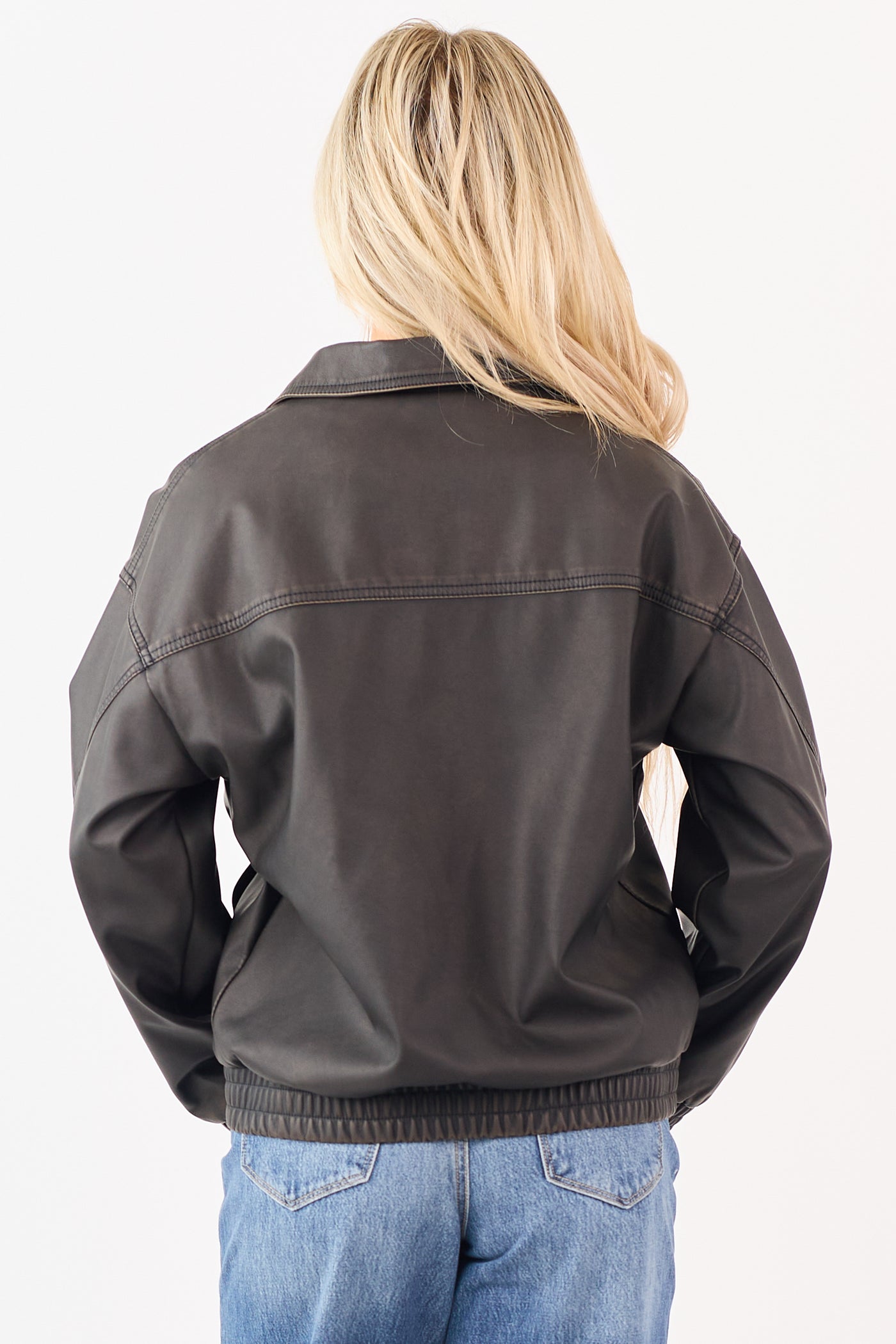 Dark Cocoa Faux Leather Zip Up Bomber Jacket