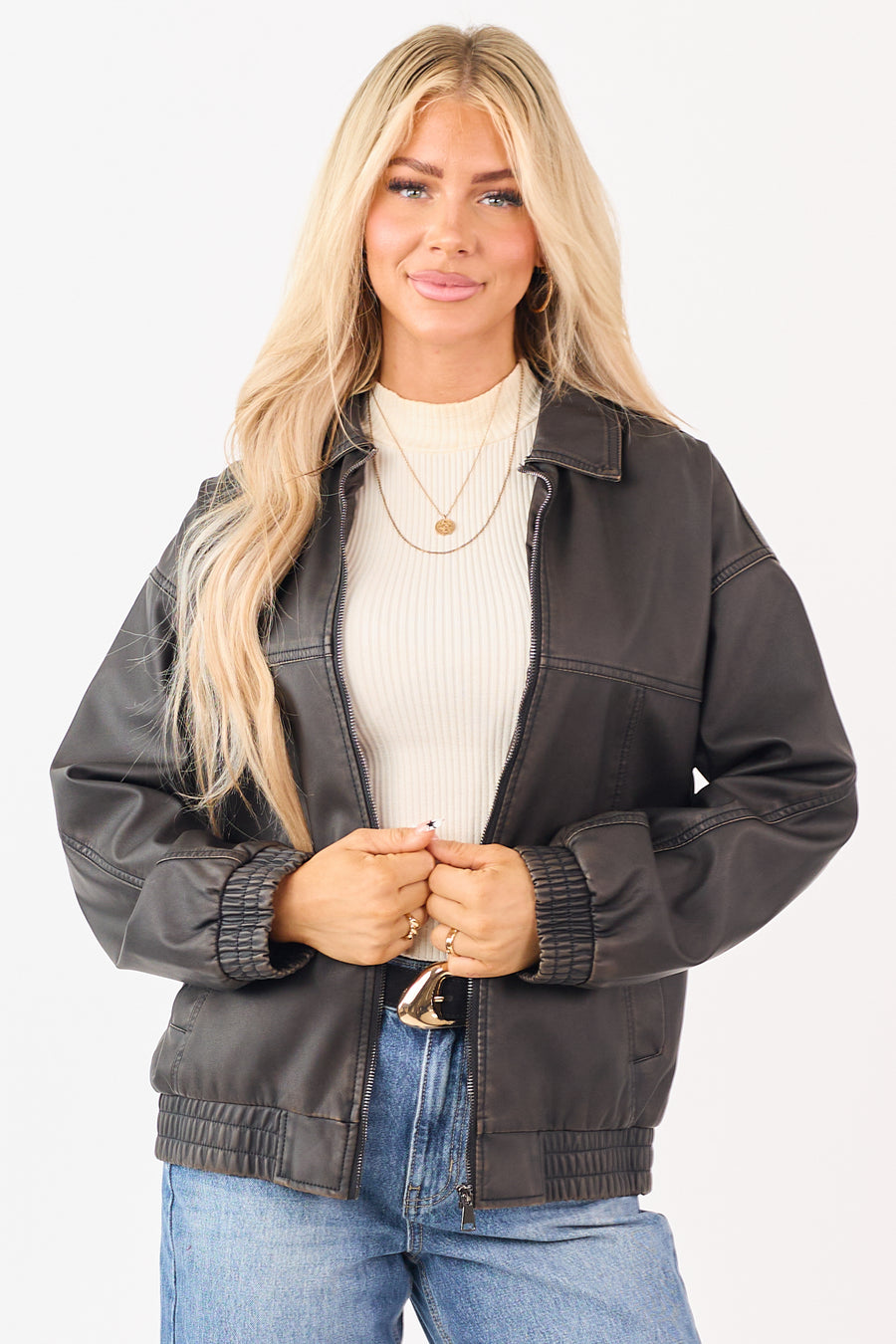 Dark Cocoa Faux Leather Zip Up Bomber Jacket