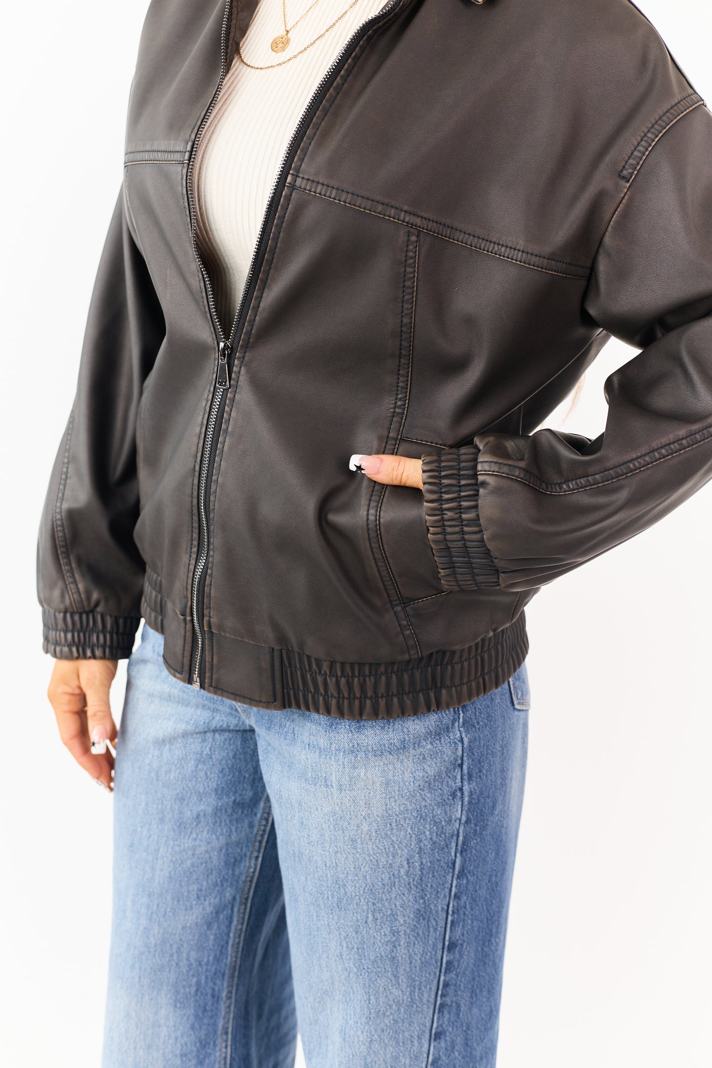 Dark Cocoa Faux Leather Zip Up Bomber Jacket