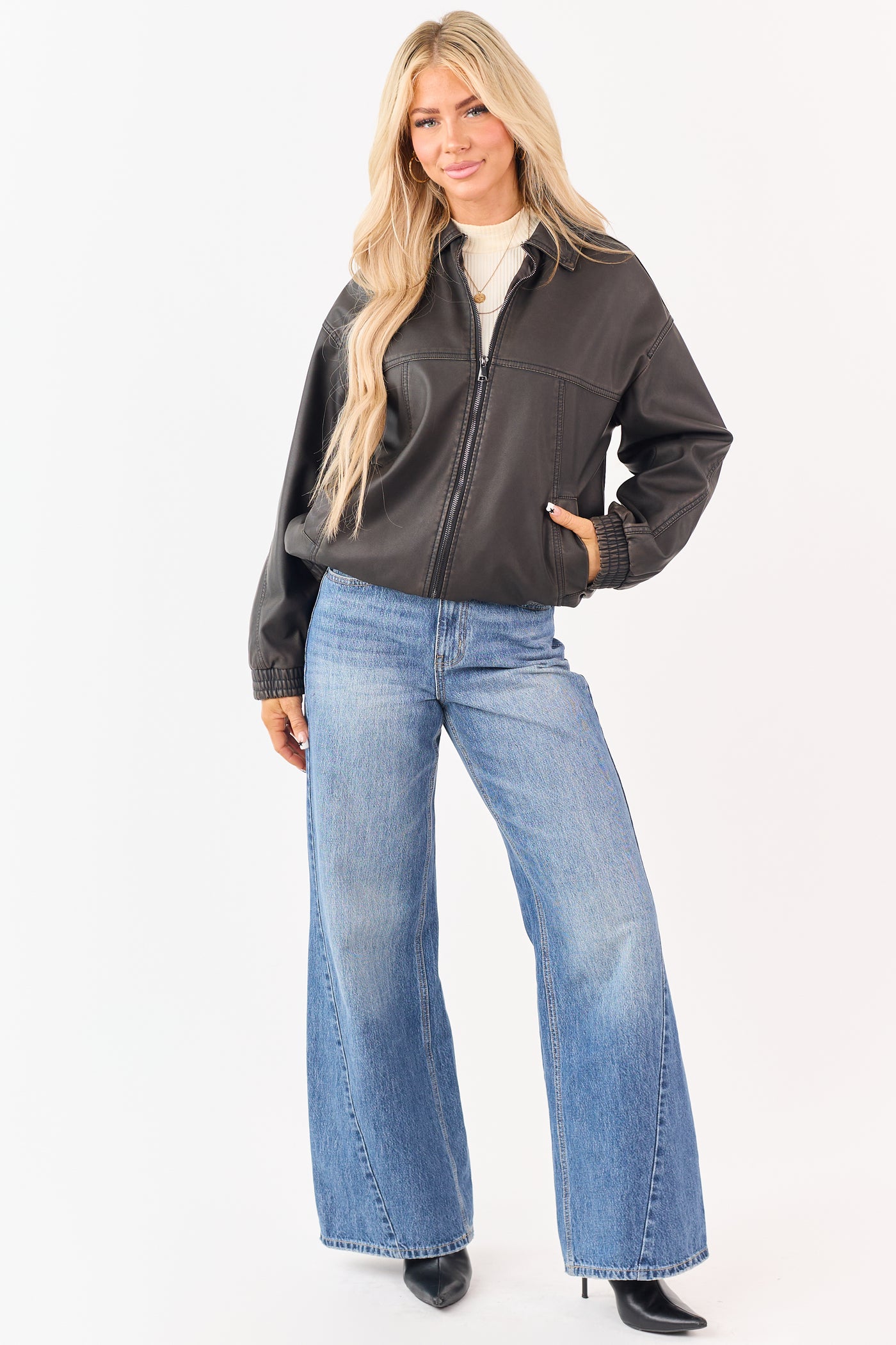 Dark Cocoa Faux Leather Zip Up Bomber Jacket