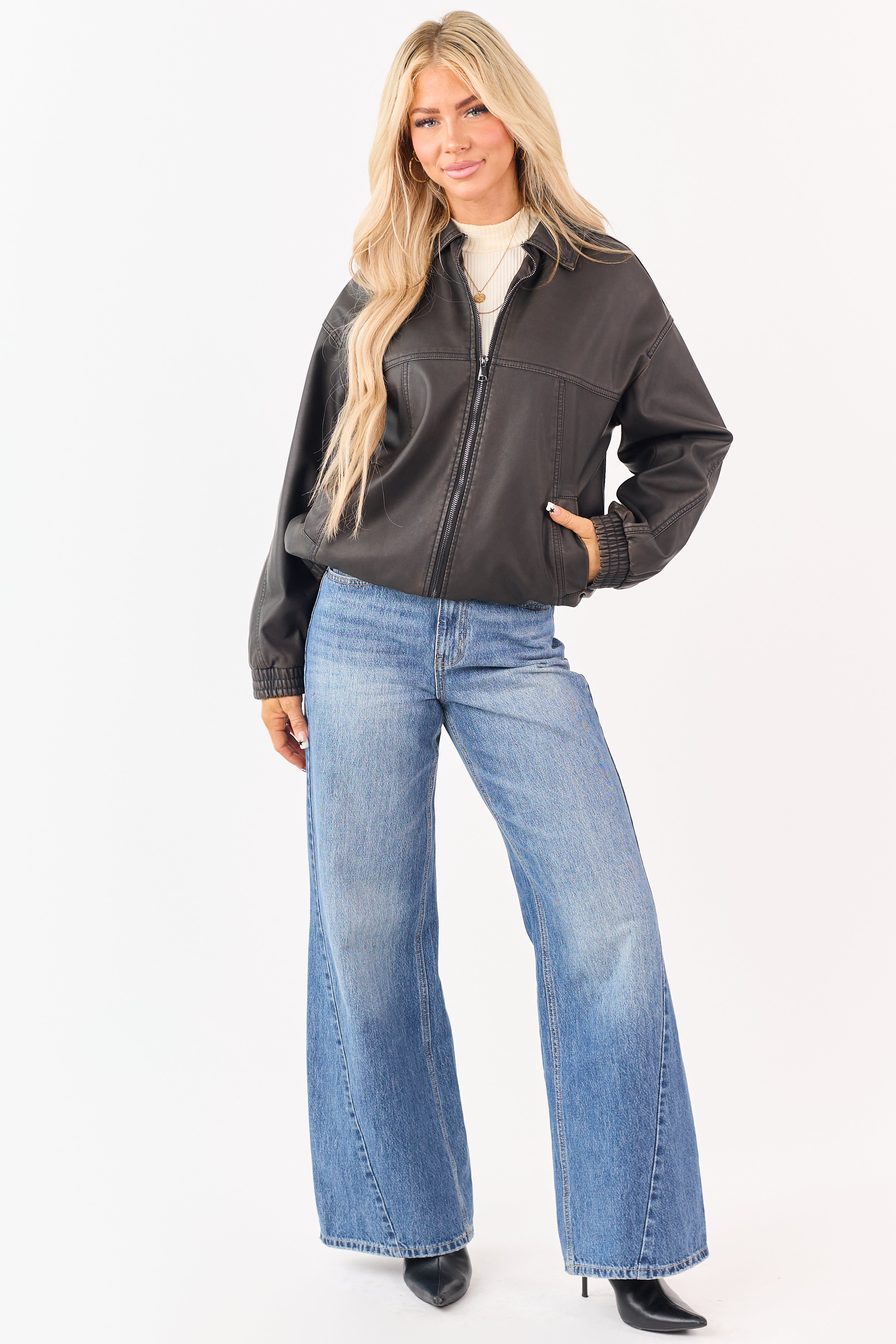 Dark Cocoa Faux Leather Zip Up Bomber Jacket