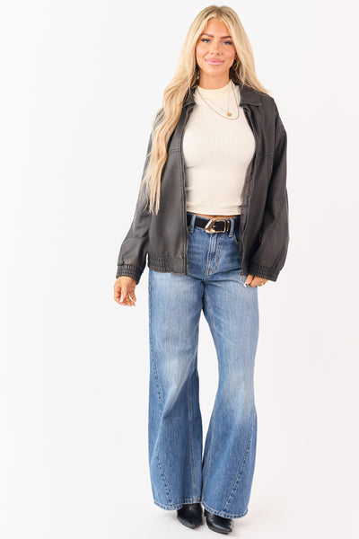 Dark Cocoa Faux Leather Zip Up Bomber Jacket