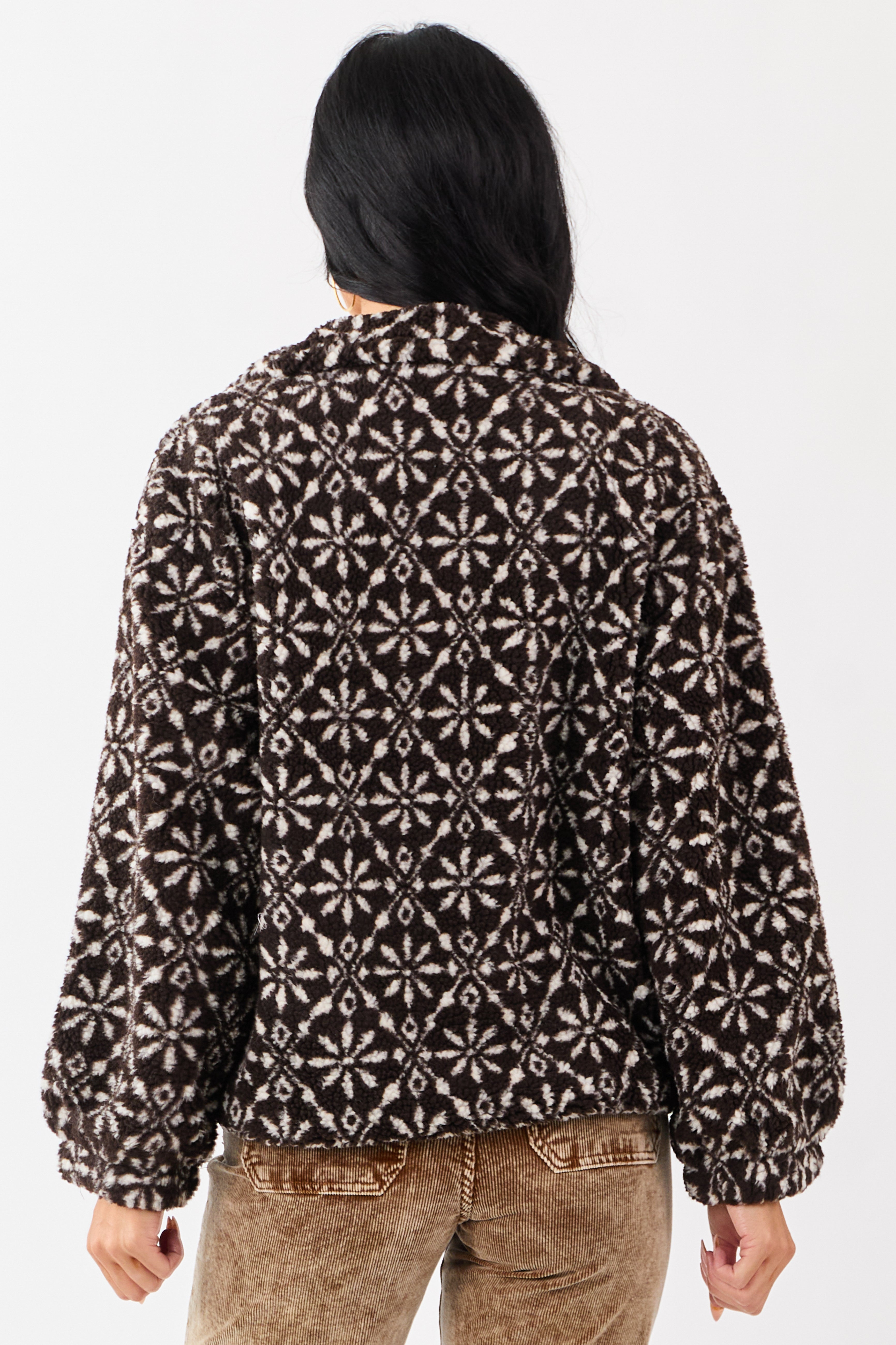 Dark Cocoa Snowflake Pattern Zip Up Sherpa Jacket