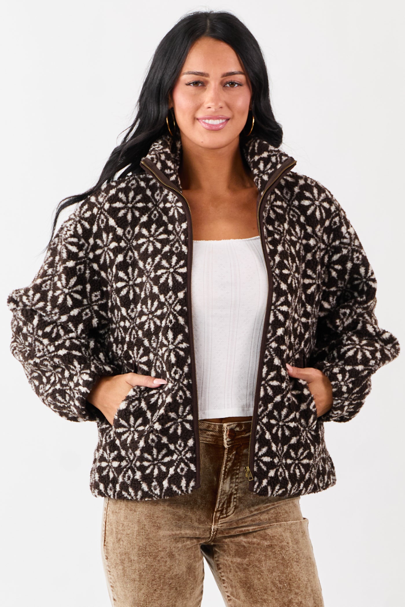 Dark Cocoa Snowflake Pattern Zip Up Sherpa Jacket