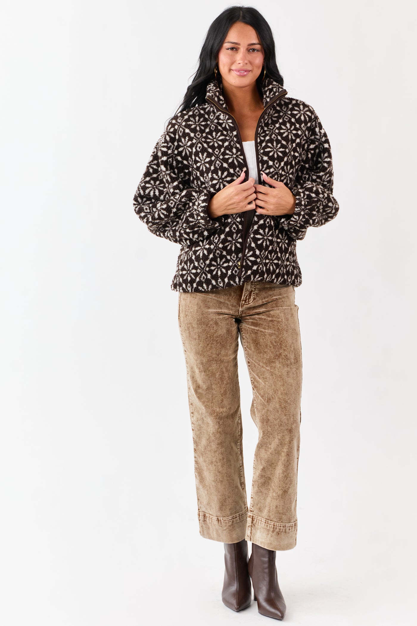 Dark Cocoa Snowflake Pattern Zip Up Sherpa Jacket