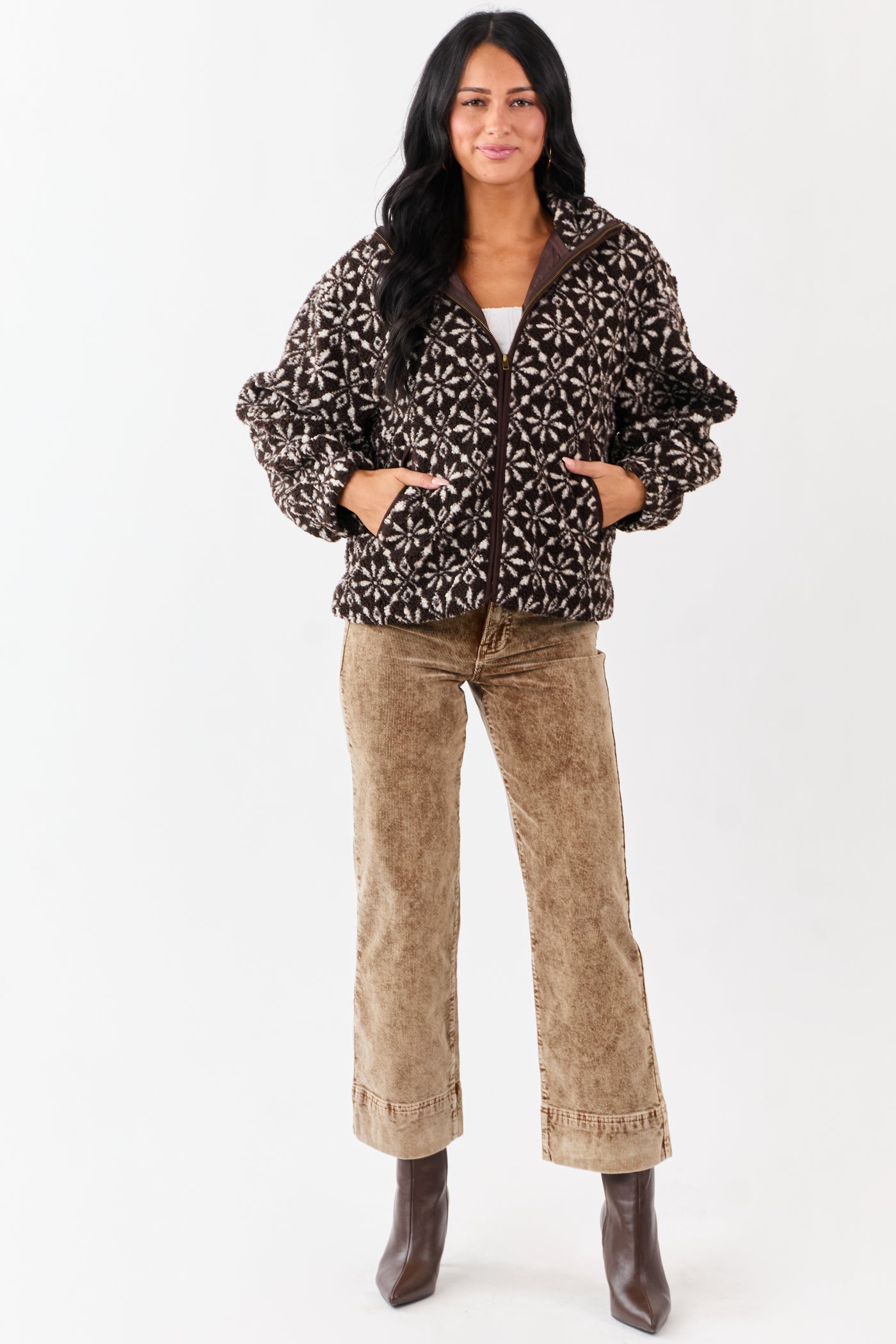 Dark Cocoa Snowflake Pattern Zip Up Sherpa Jacket