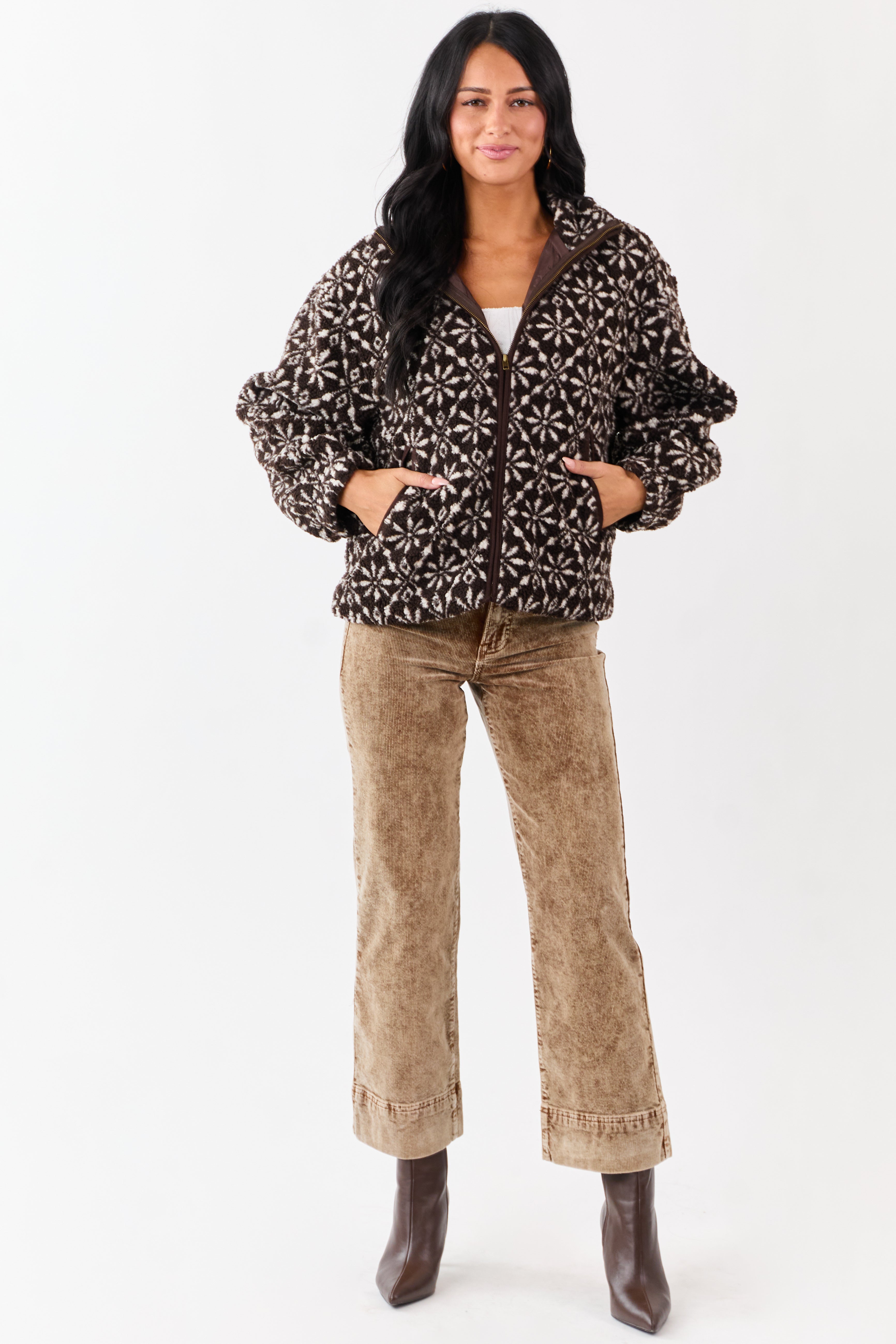 Dark Cocoa Snowflake Pattern Zip Up Sherpa Jacket