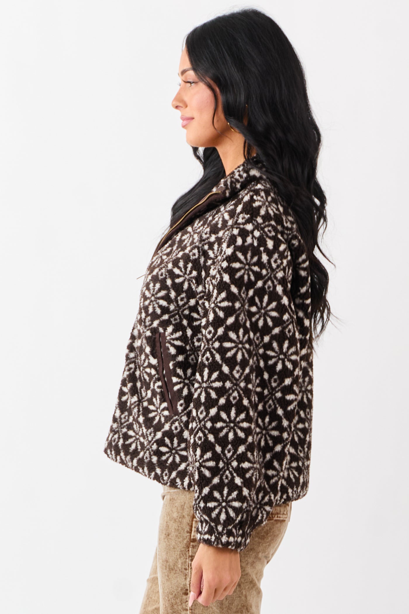 Dark Cocoa Snowflake Pattern Zip Up Sherpa Jacket