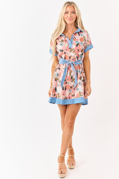 Dark Coral Watercolor Floral Cotton Waist Tie Mini Dress