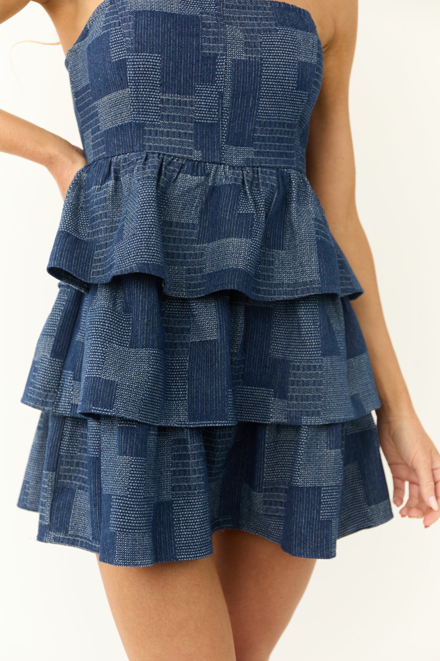 denim patchwork dress Patchwork Boho Denim Midi Dress with Ruffle Hem Latte / Medium
