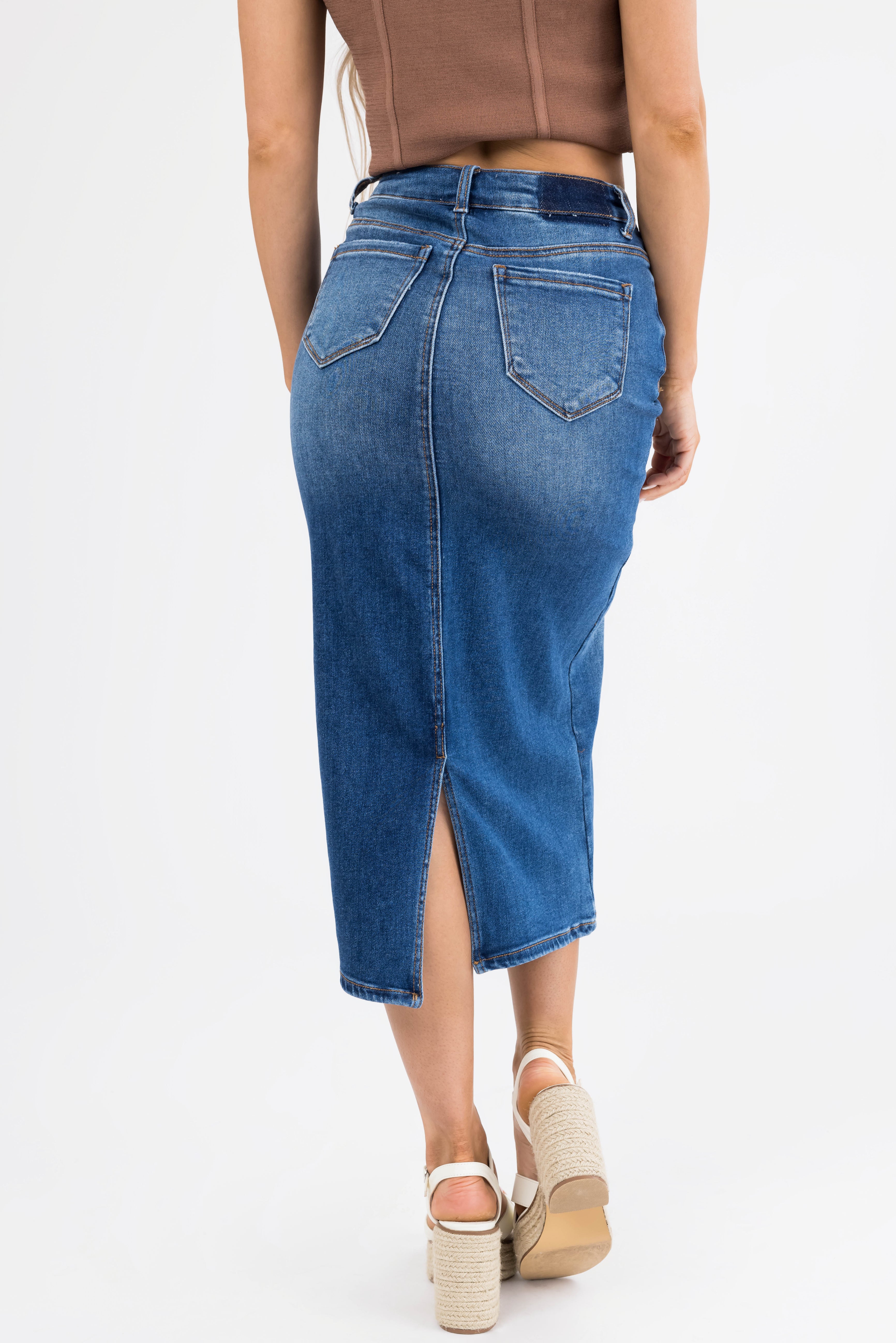 Dark Denim Slit Hem Crossover Midi Skirt | Lime Lush Boutique