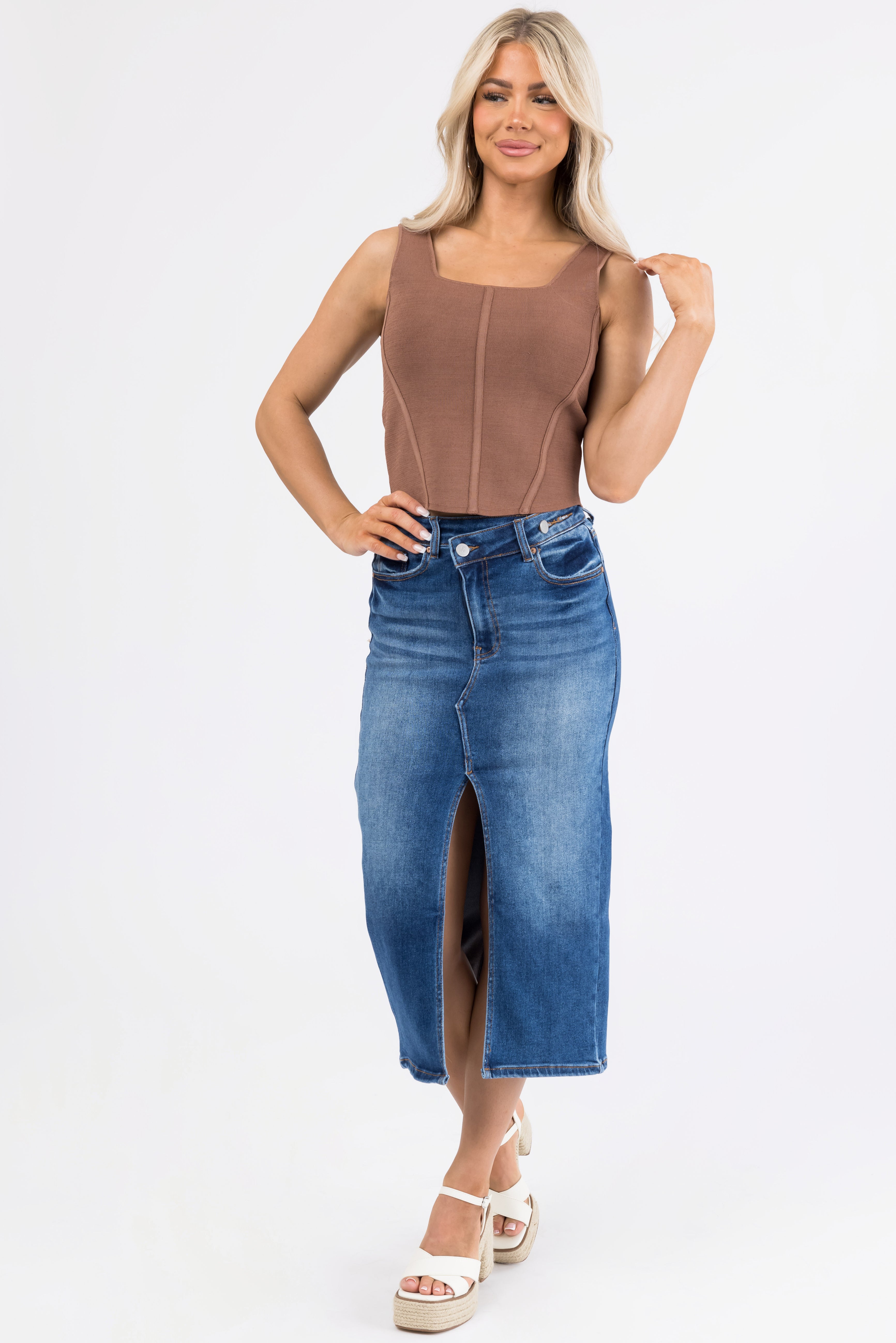Dark Denim Slit Hem Crossover Midi Skirt | Lime Lush Boutique