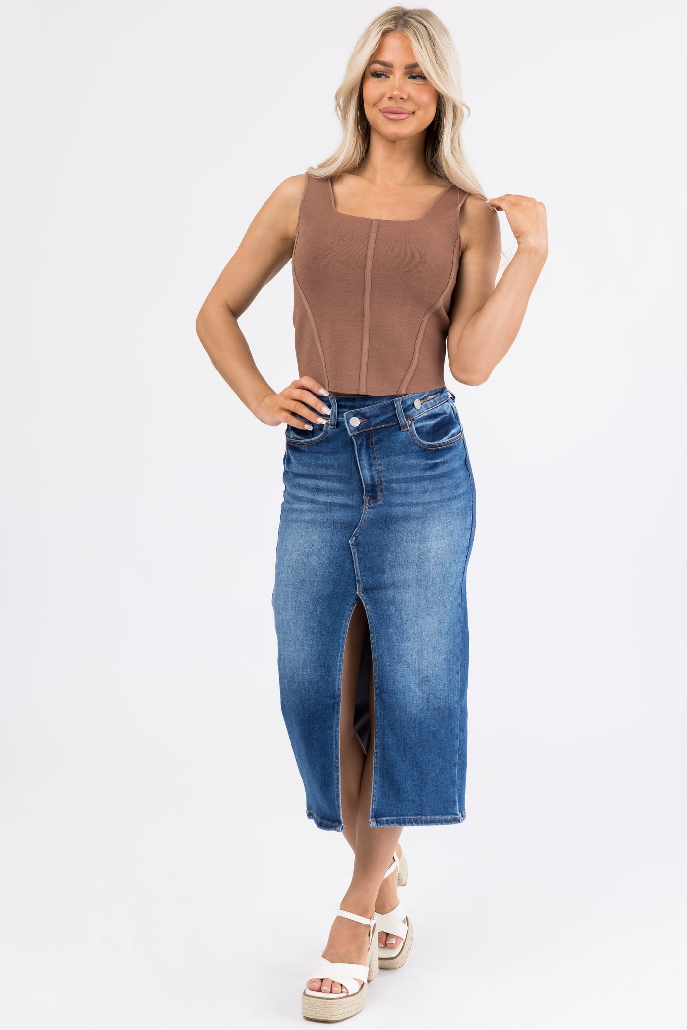 Dark Denim Slit Hem Crossover Midi Skirt