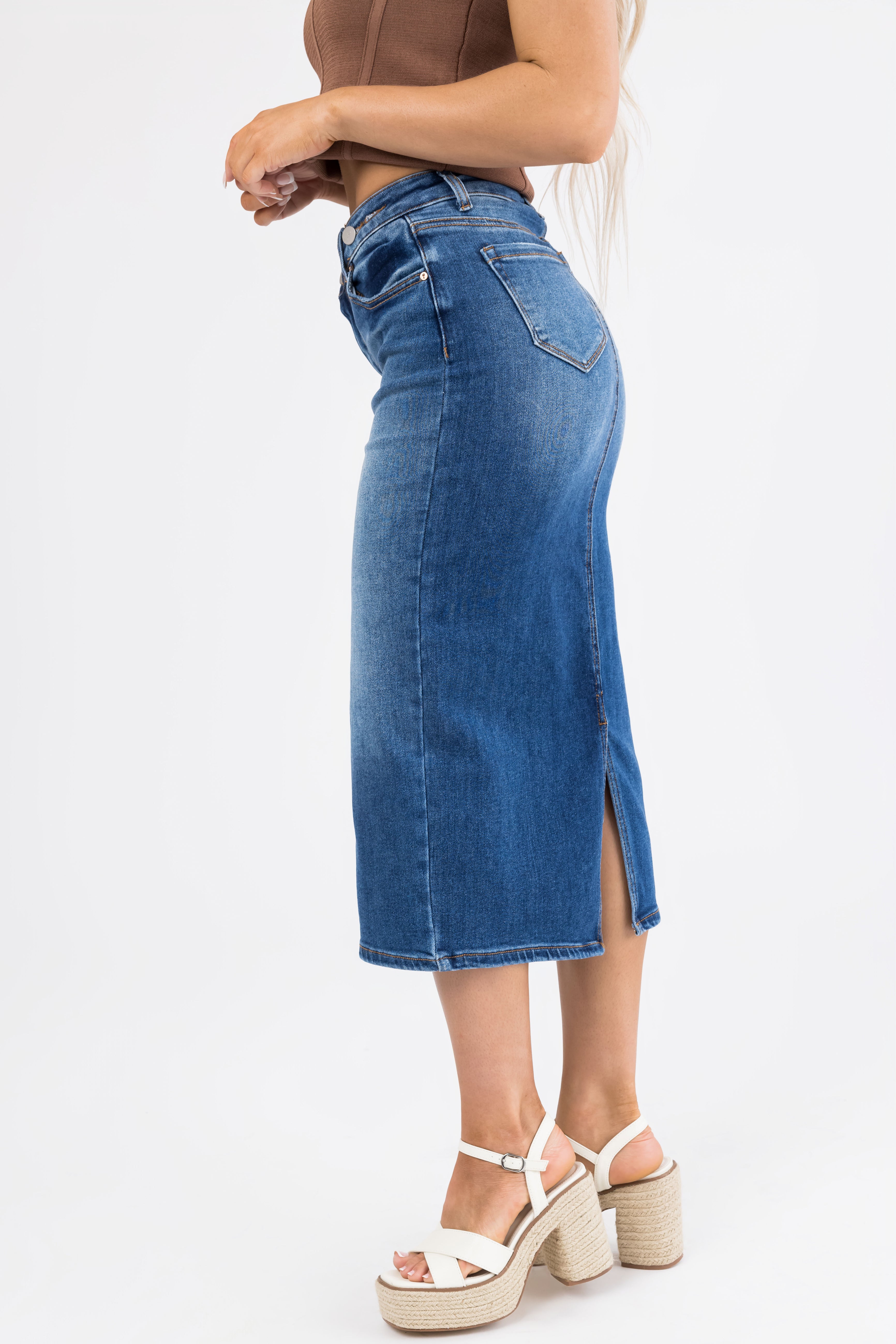Dark Denim Slit Hem Crossover Midi Skirt | Lime Lush Boutique