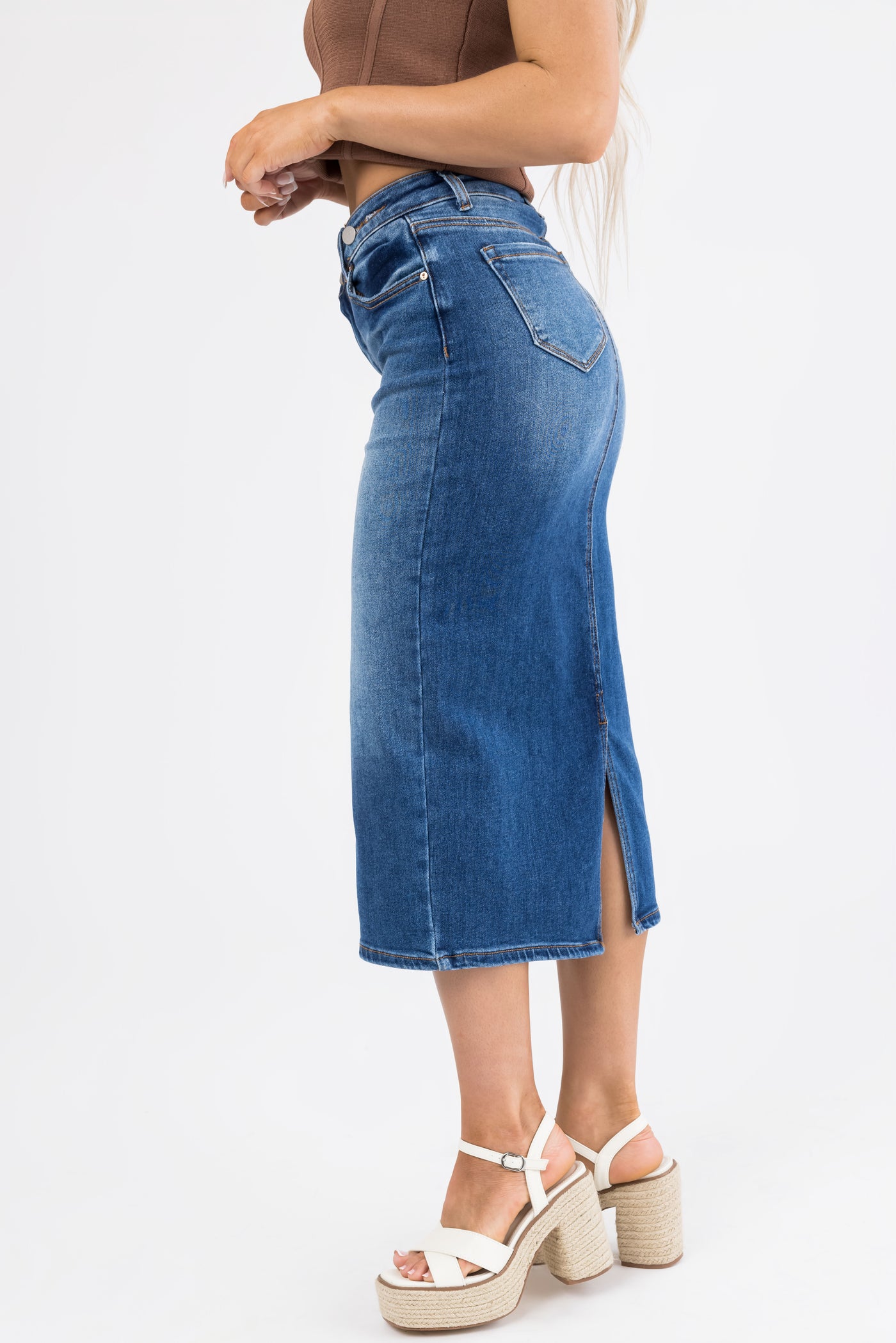 Dark Denim Slit Hem Crossover Midi Skirt