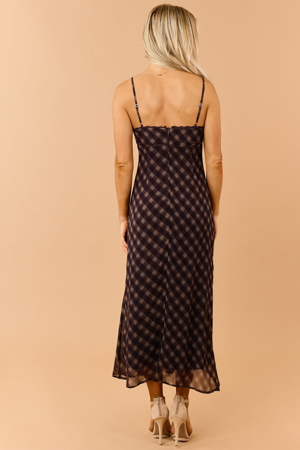Dark Eggplant Checkered Sleeveless Maxi Dress