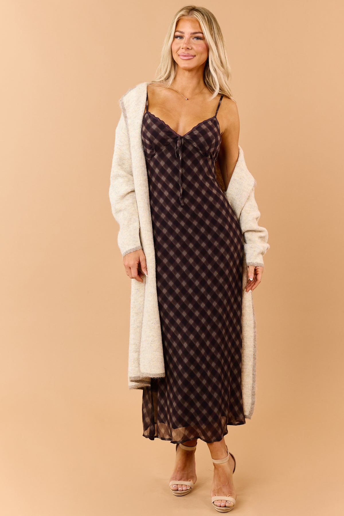 Dark Eggplant Checkered Sleeveless Maxi Dress