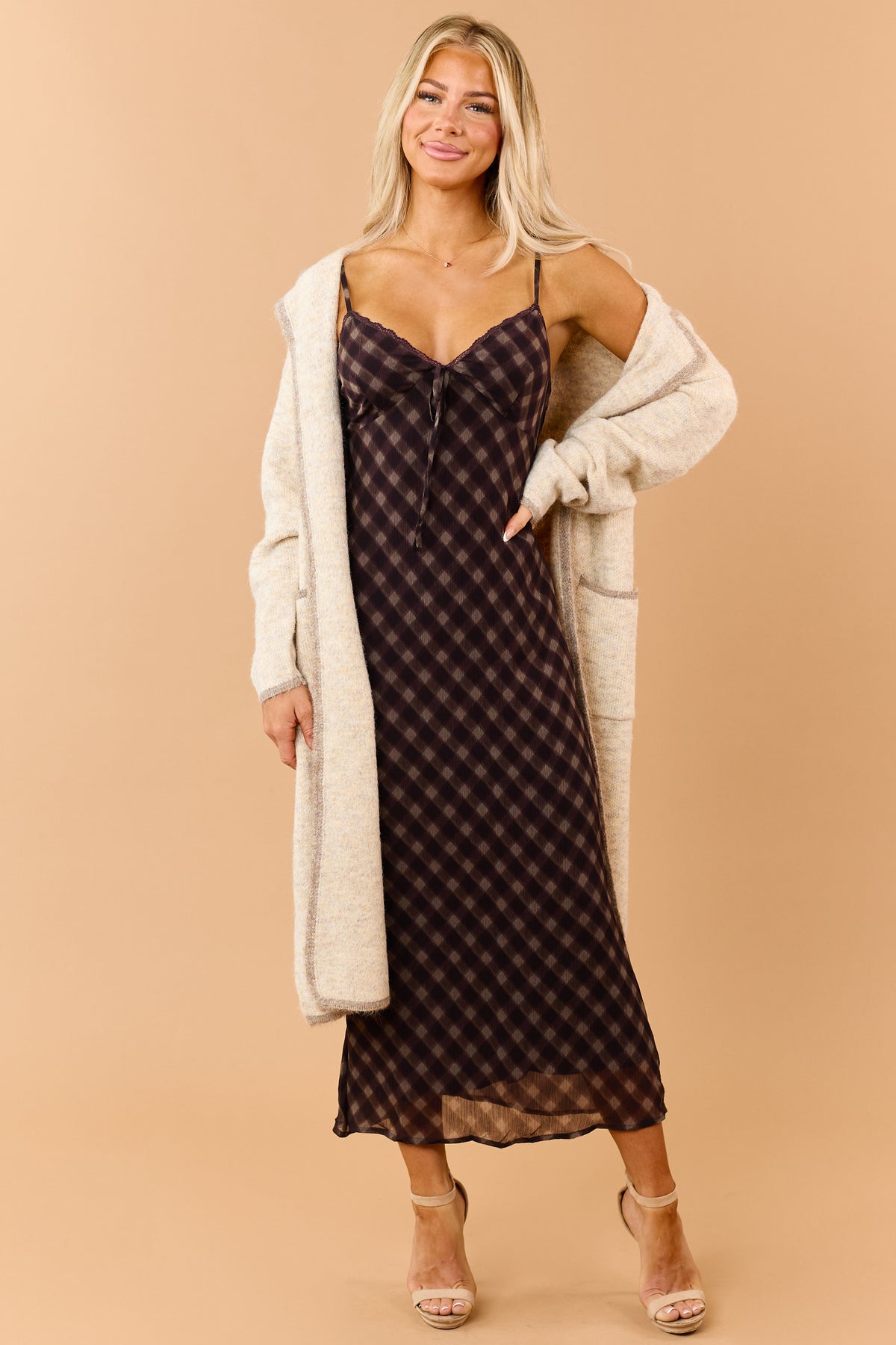 Dark Eggplant Checkered Sleeveless Maxi Dress