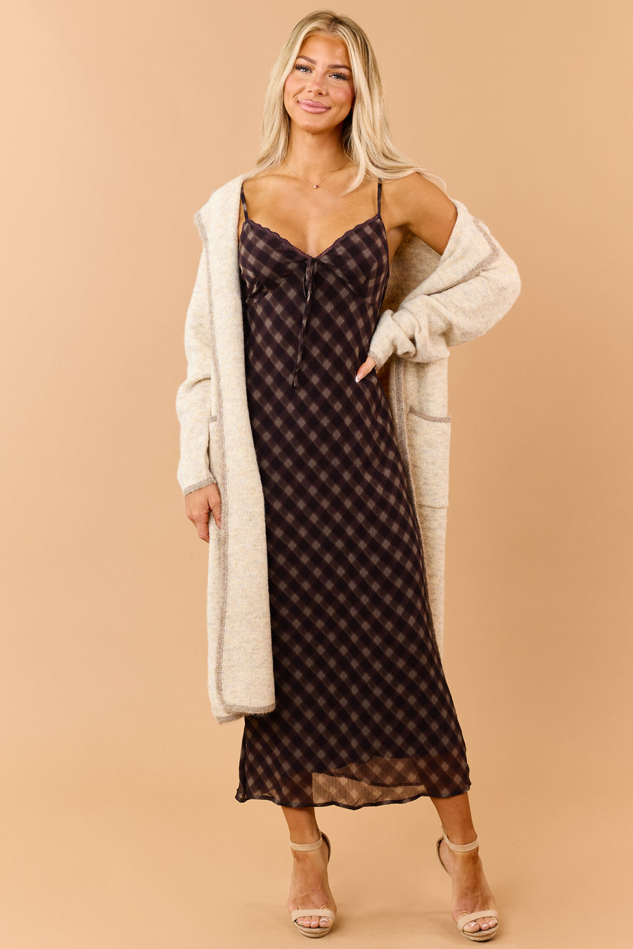 Dark Eggplant Checkered Sleeveless Maxi Dress
