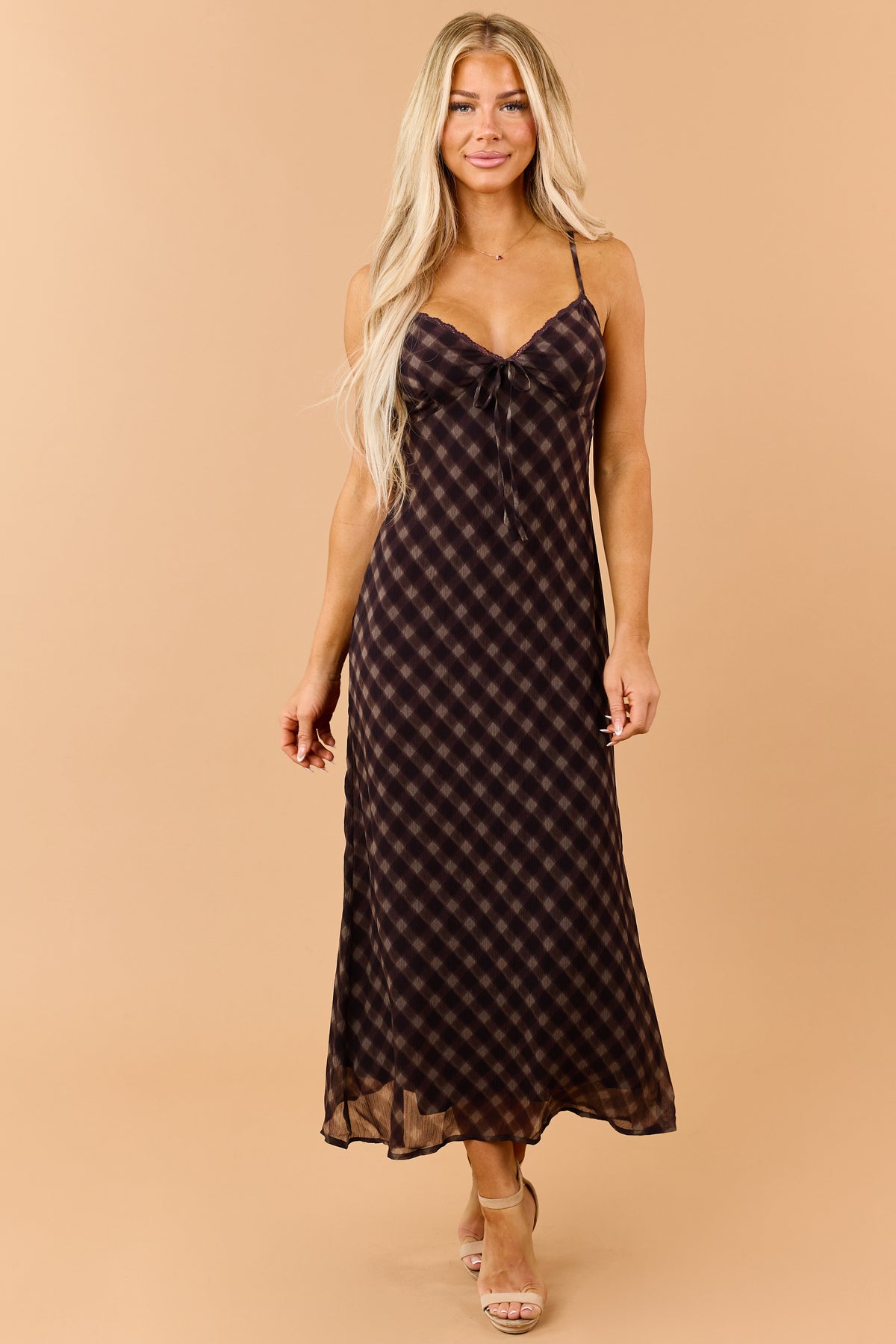 Dark Eggplant Checkered Sleeveless Maxi Dress