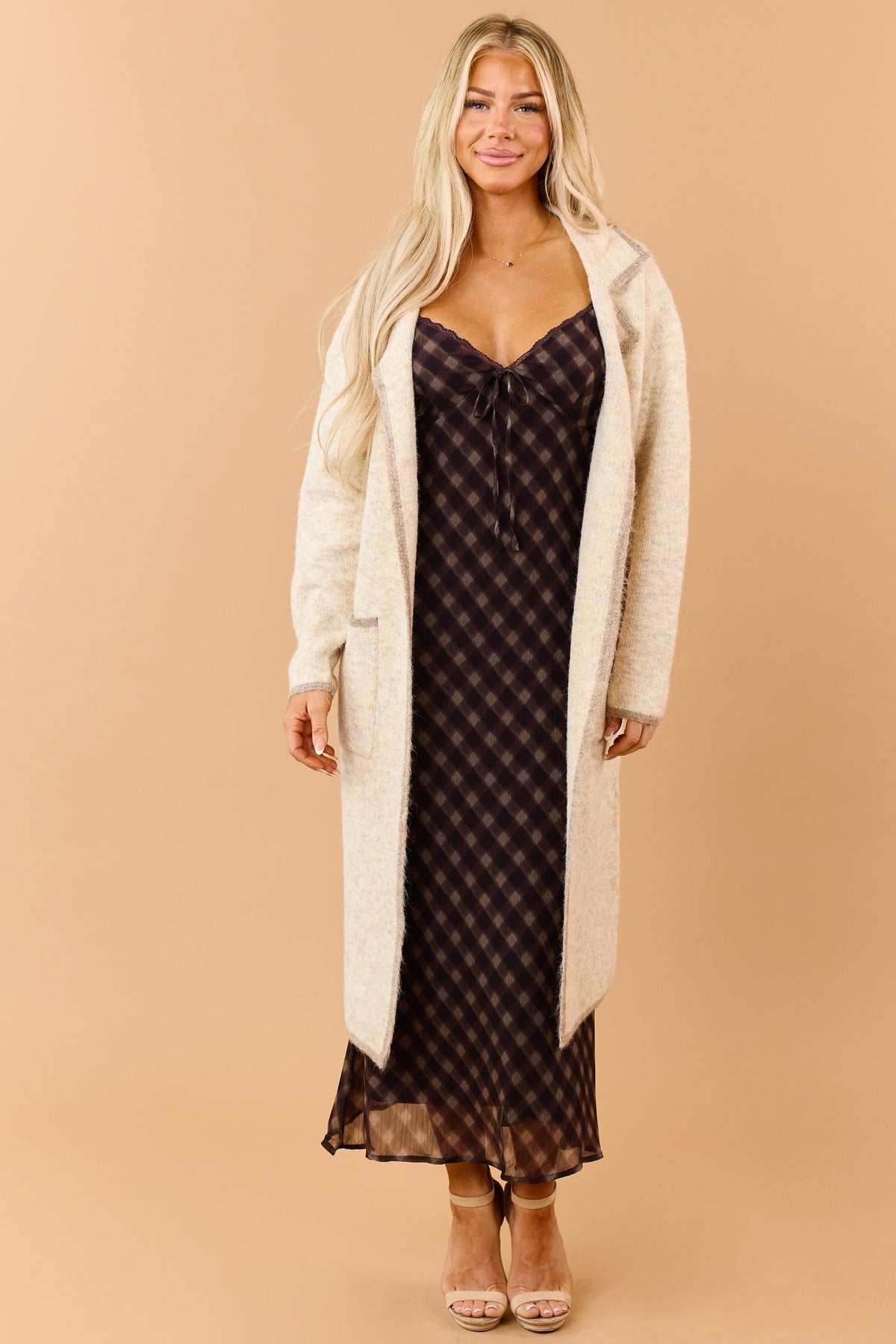 Dark Eggplant Checkered Sleeveless Maxi Dress