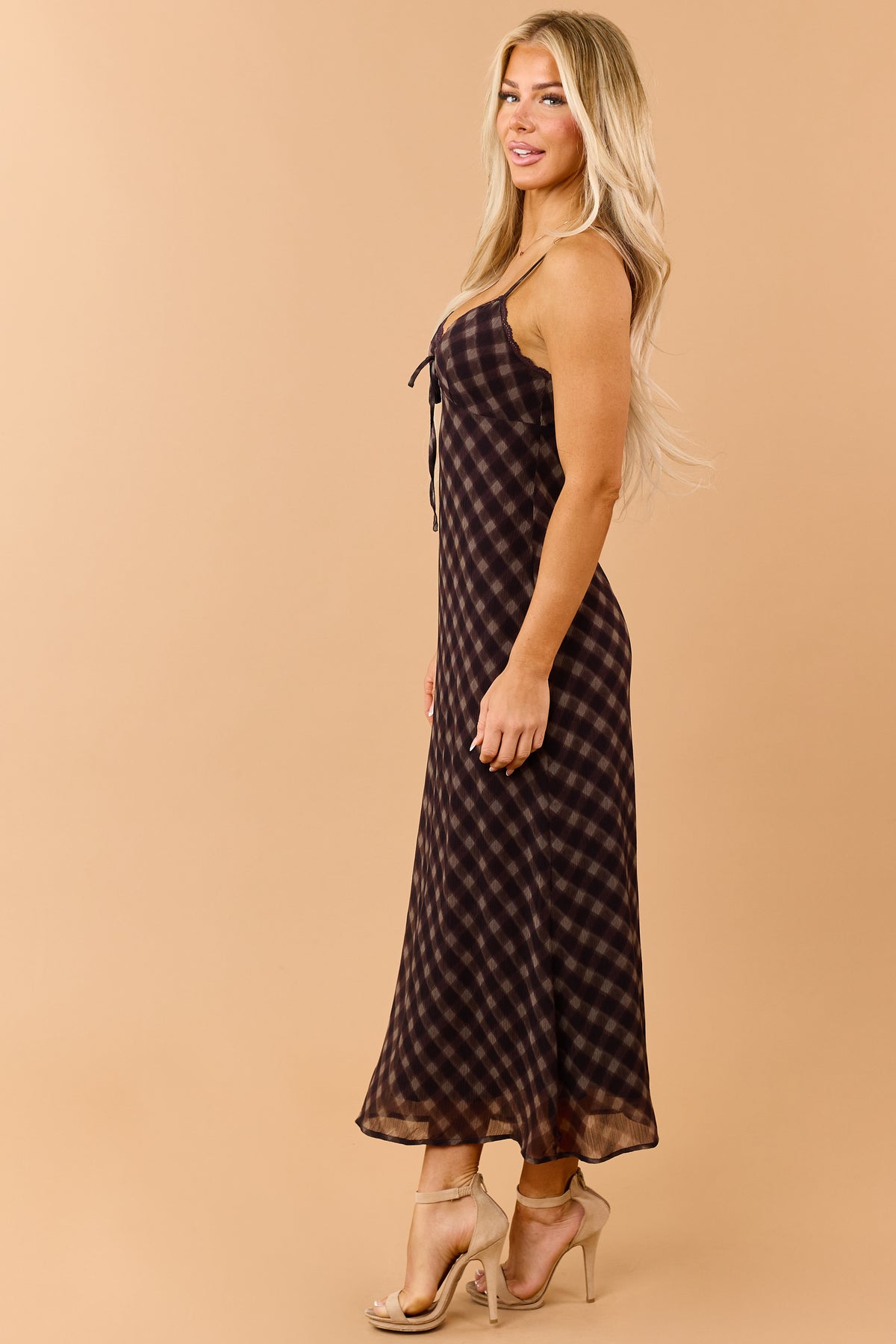 Dark Eggplant Checkered Sleeveless Maxi Dress