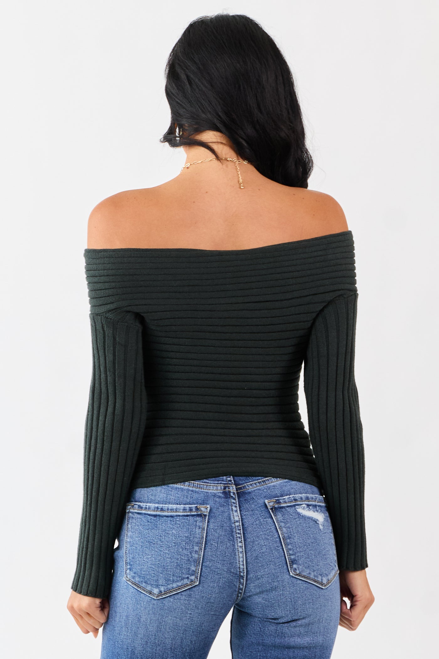 Dark Forest Green Off Shoulder Twist Sweater