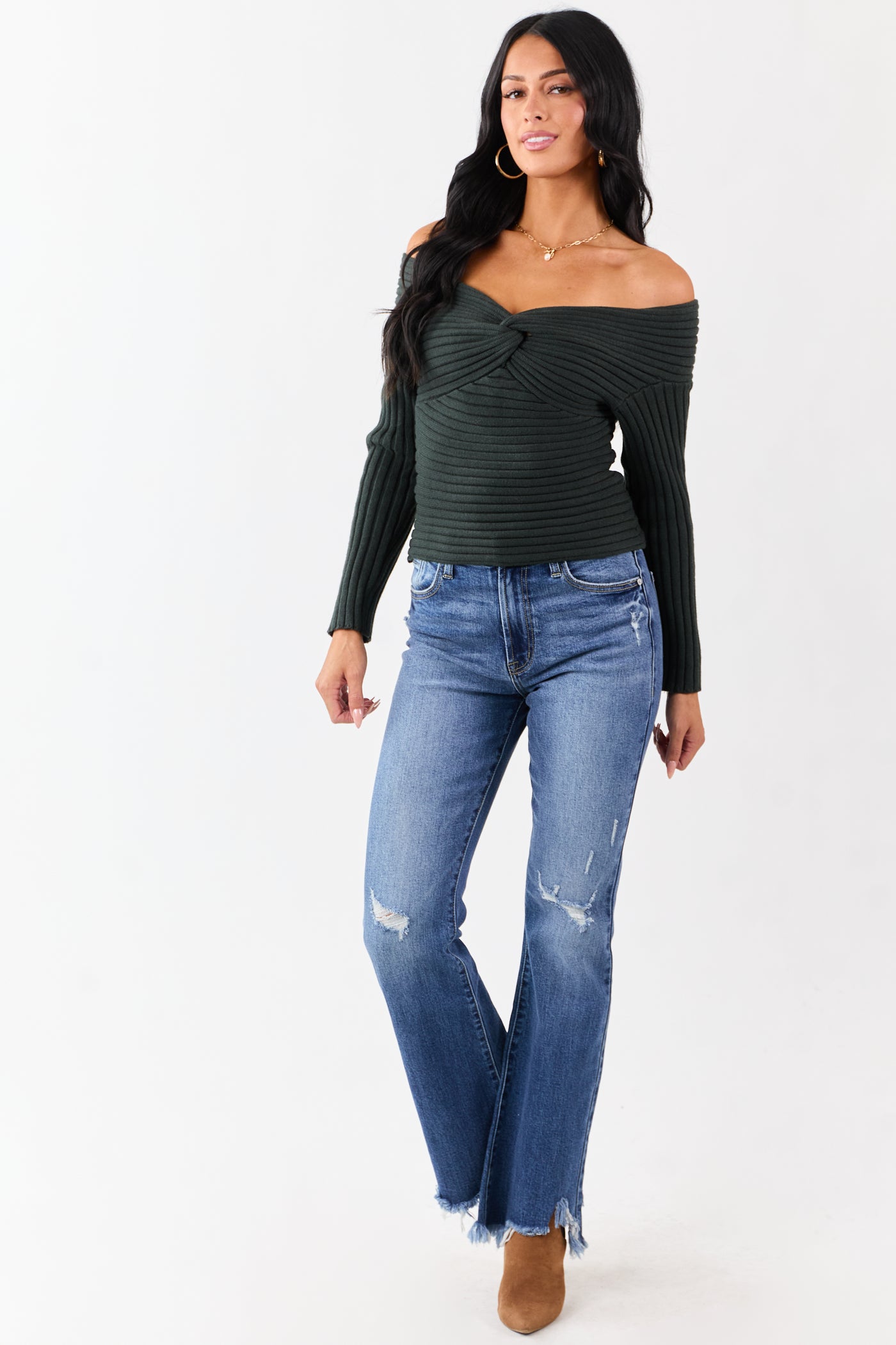 Dark Forest Green Off Shoulder Twist Sweater