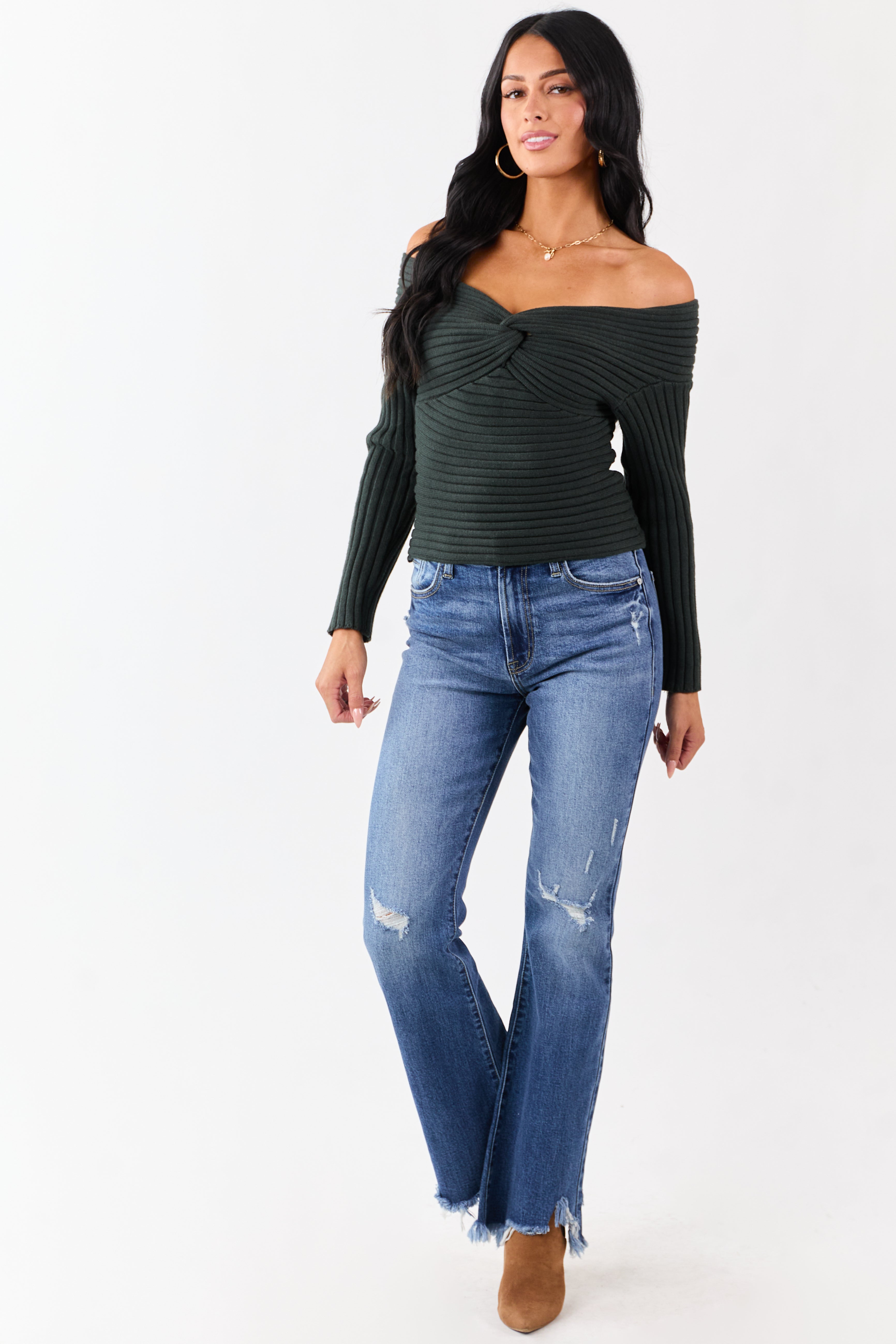 Dark Forest Green Off Shoulder Twist Sweater