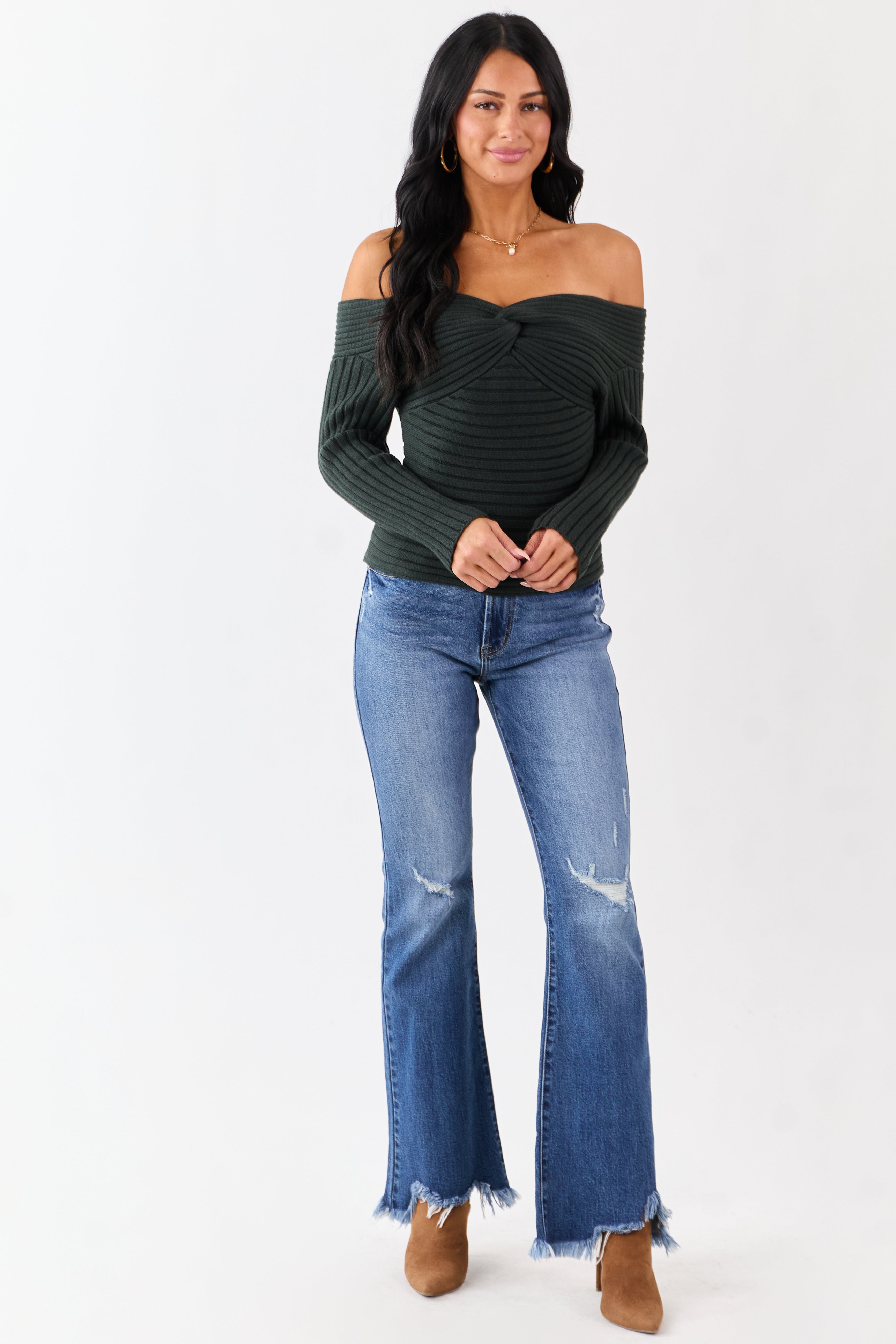 Dark Forest Green Off Shoulder Twist Sweater