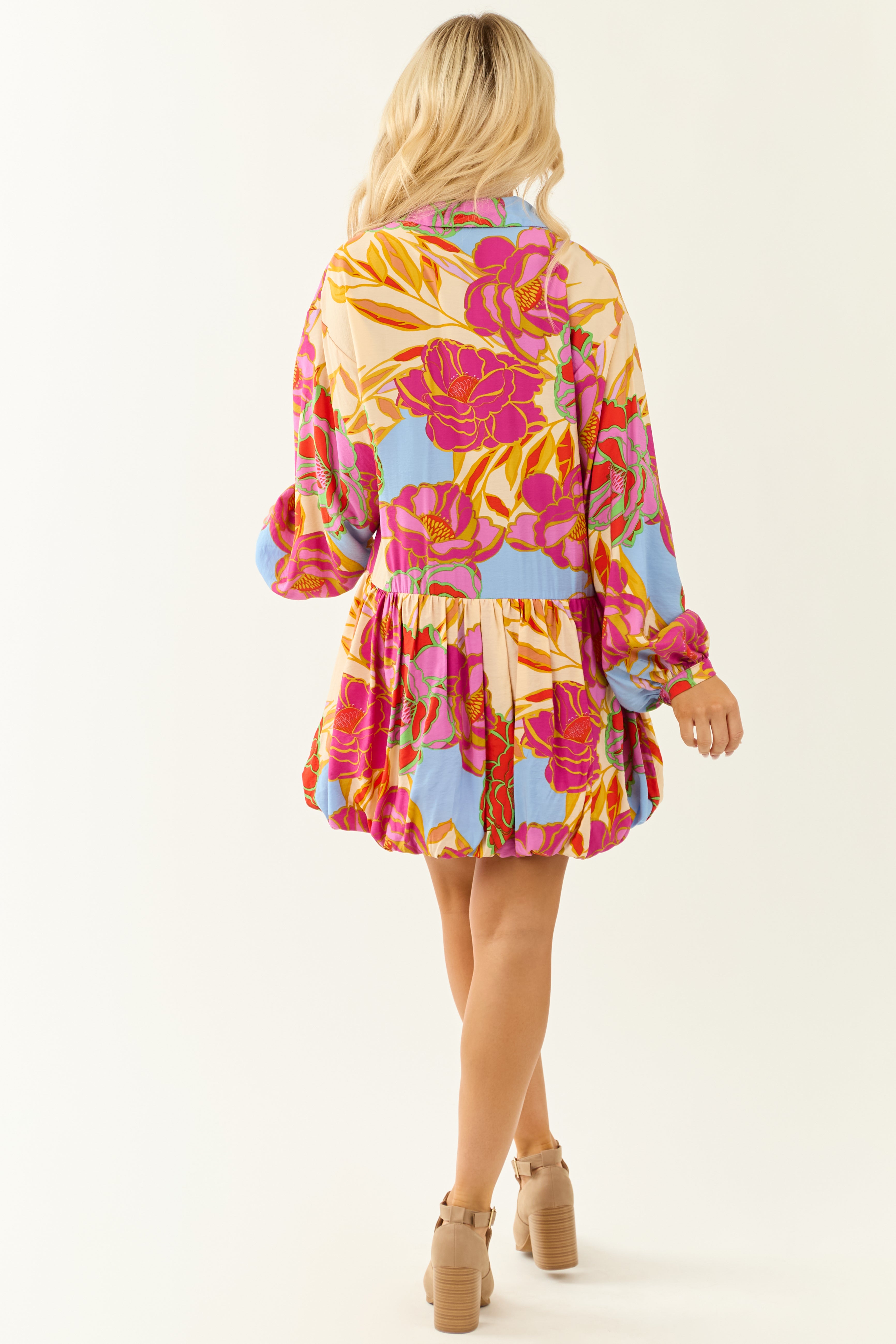 Dark Fuchsia Floral Print Bubble Hem Mini Shirt Dress