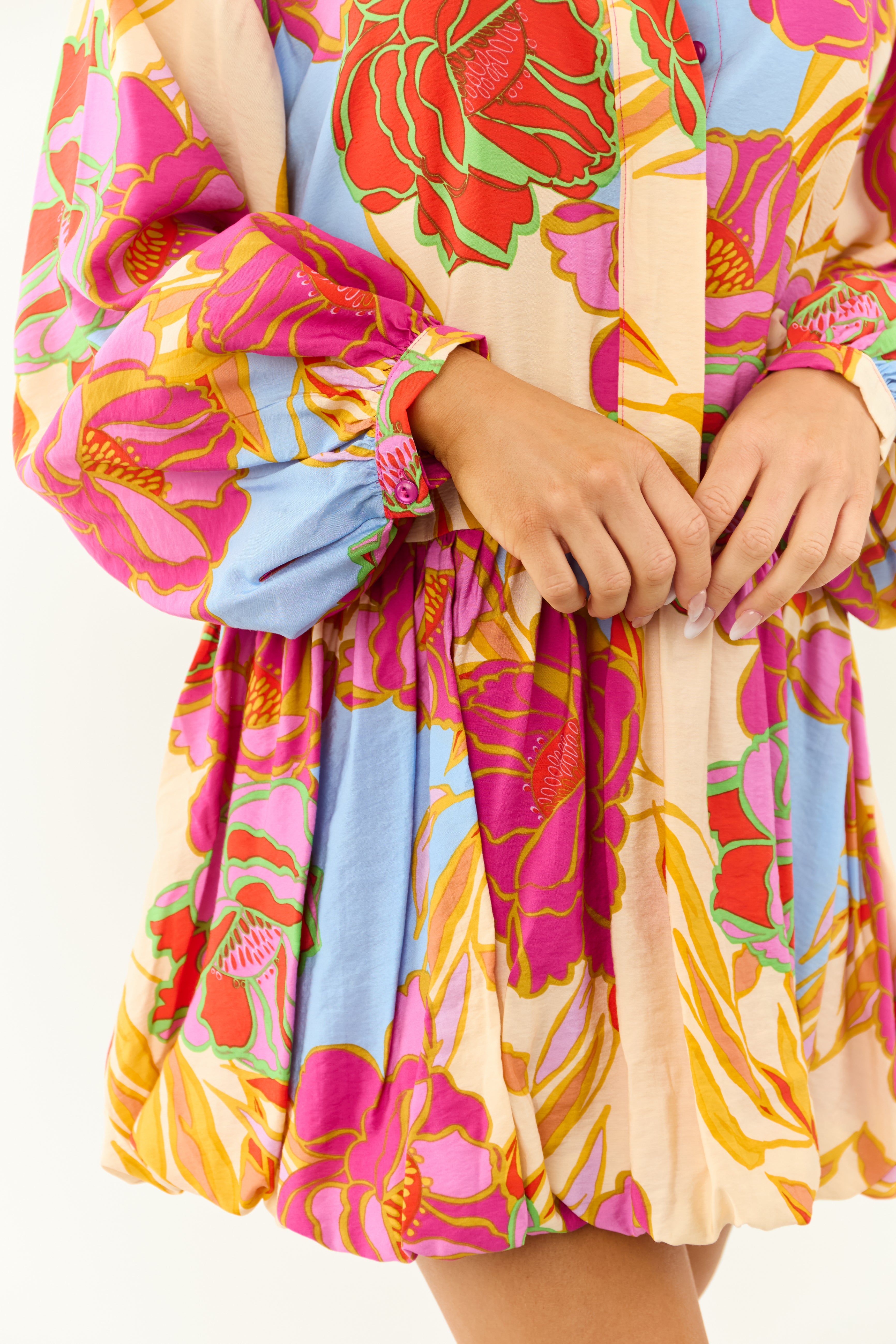 Dark Fuchsia Floral Print Bubble Hem Mini Shirt Dress