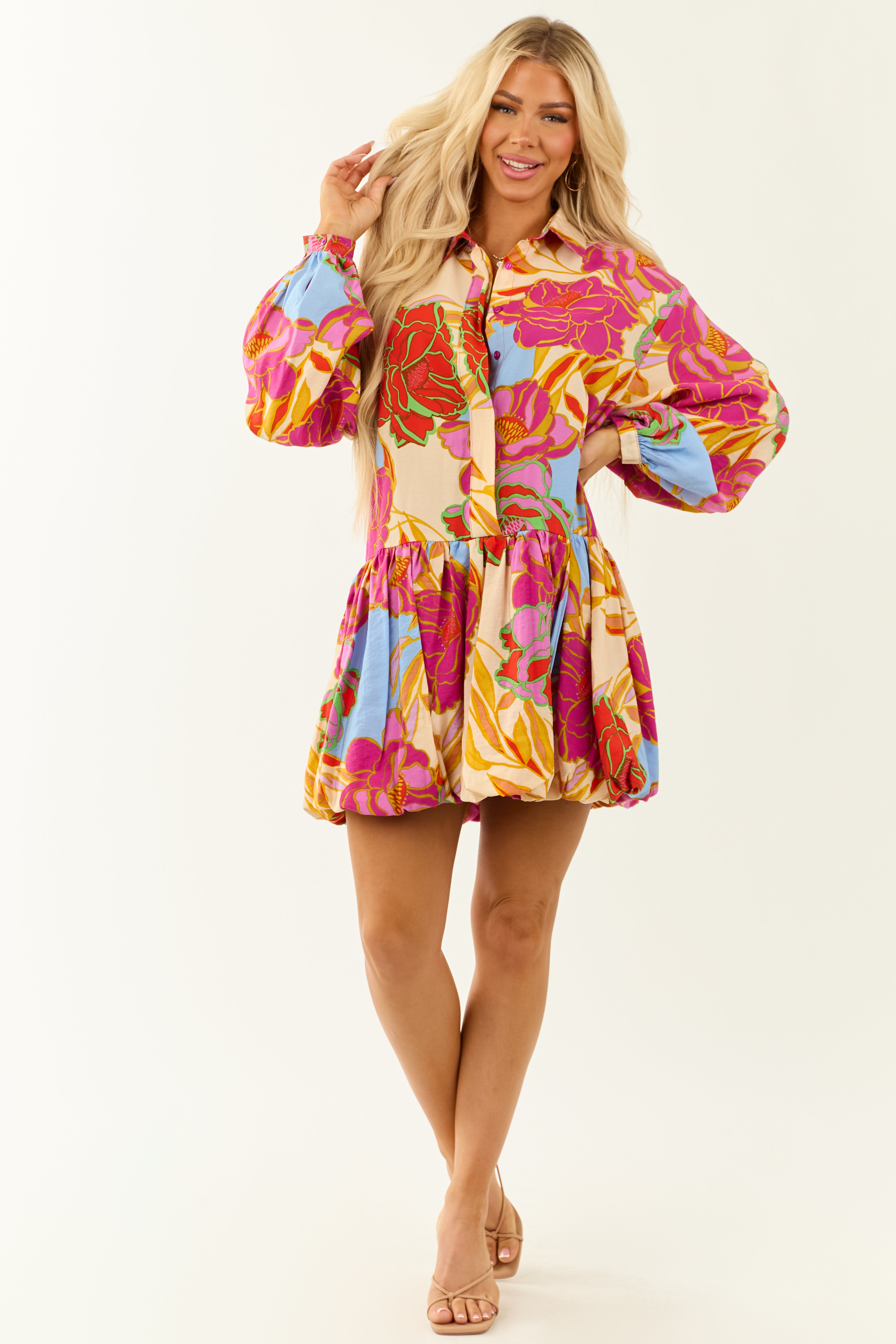 Dark Fuchsia Floral Print Bubble Hem Mini Shirt Dress