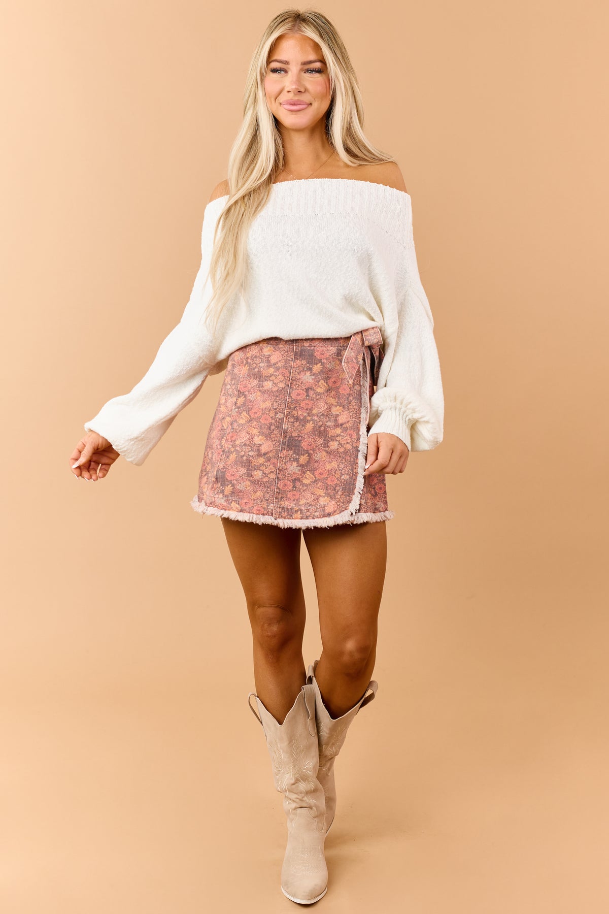 Dark Ginger Floral Denim Wrap Style Skirt