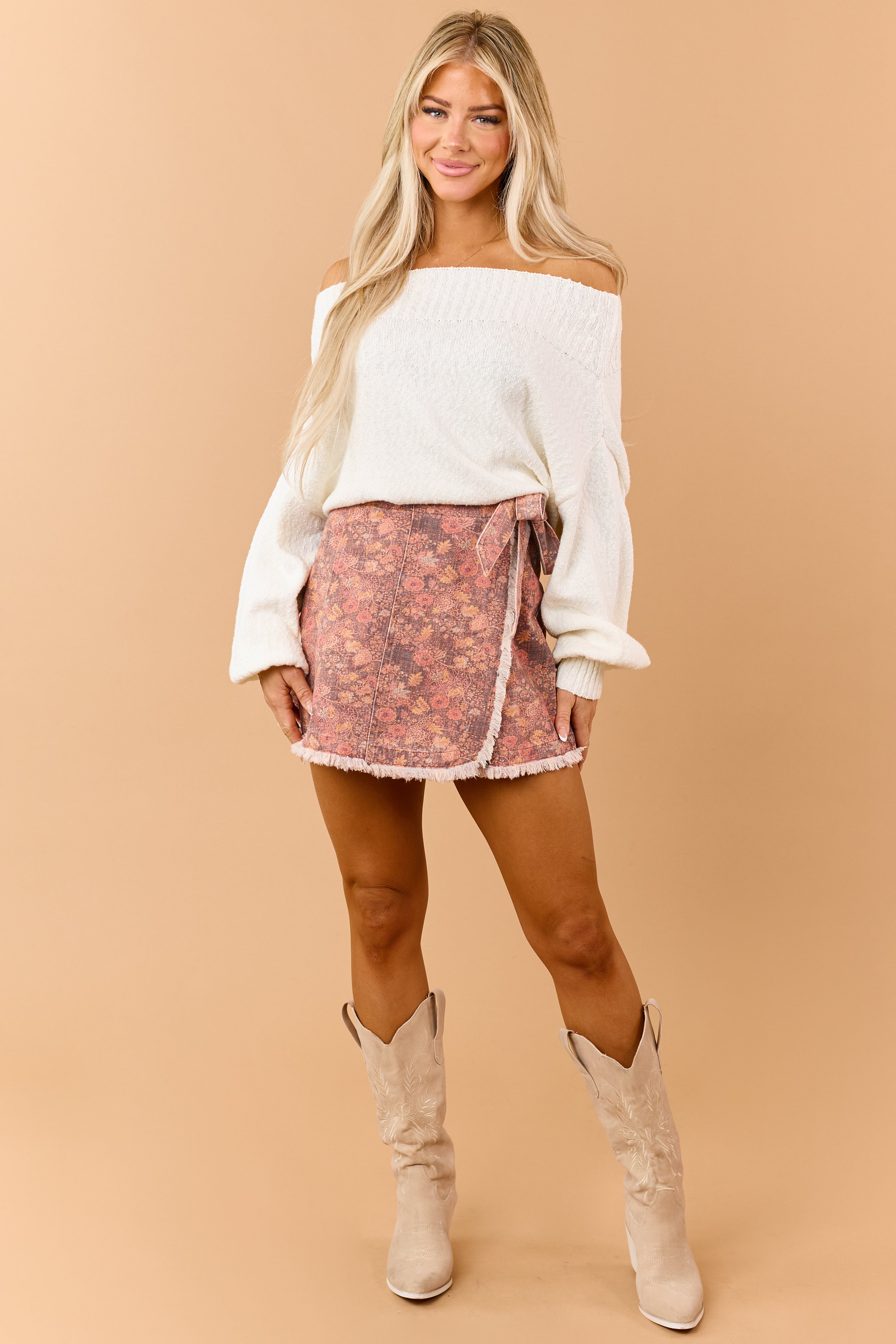 Dark Ginger Floral Denim Wrap Style Skirt | Lime Lush Boutique