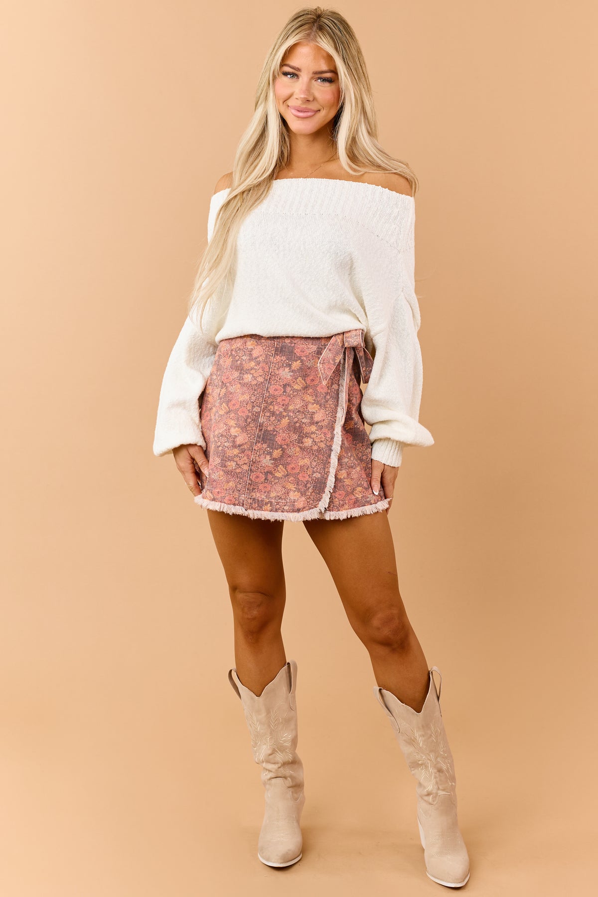 Dark Ginger Floral Denim Wrap Style Skirt