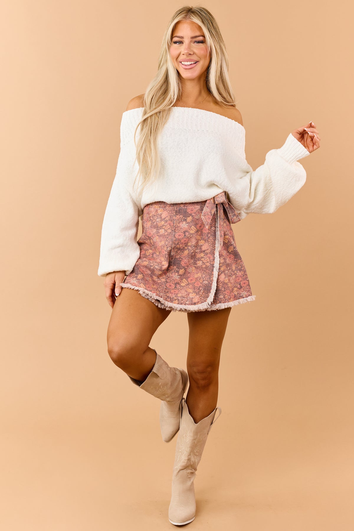 Dark Ginger Floral Denim Wrap Style Skirt