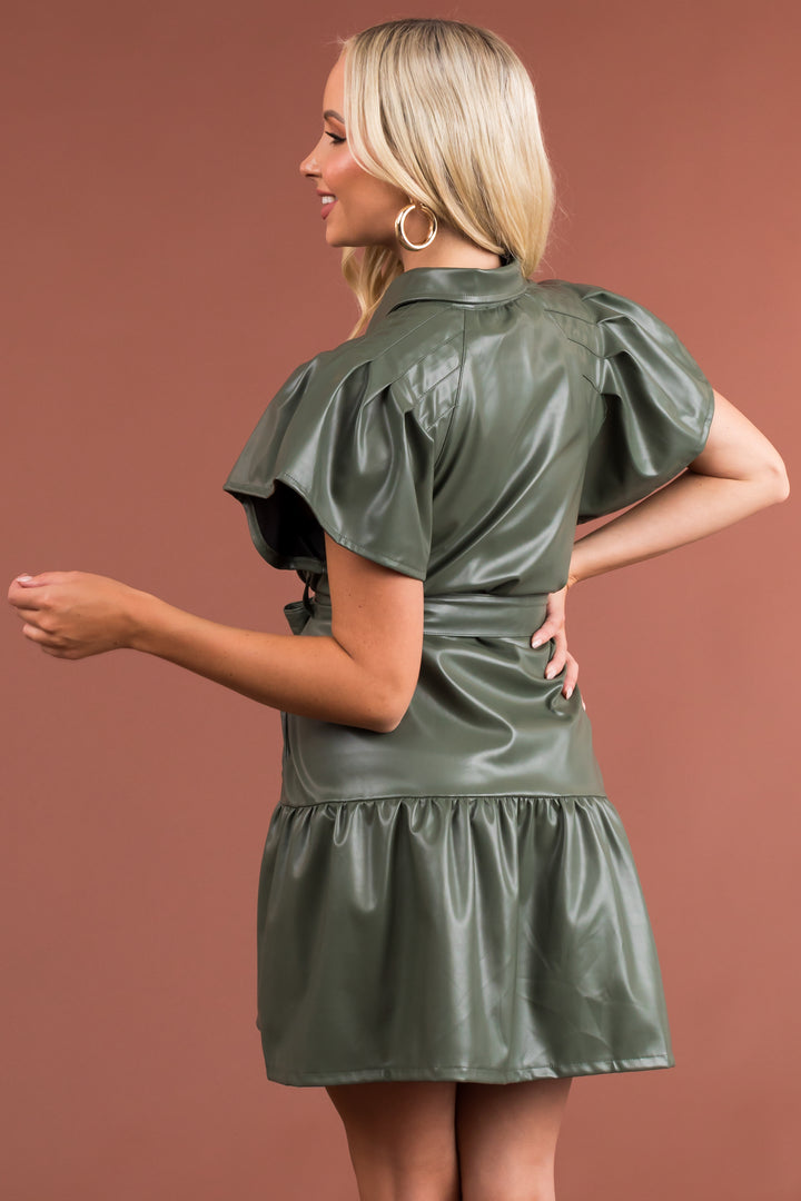 Dark Juniper Faux Leather Button Up Mini Dress