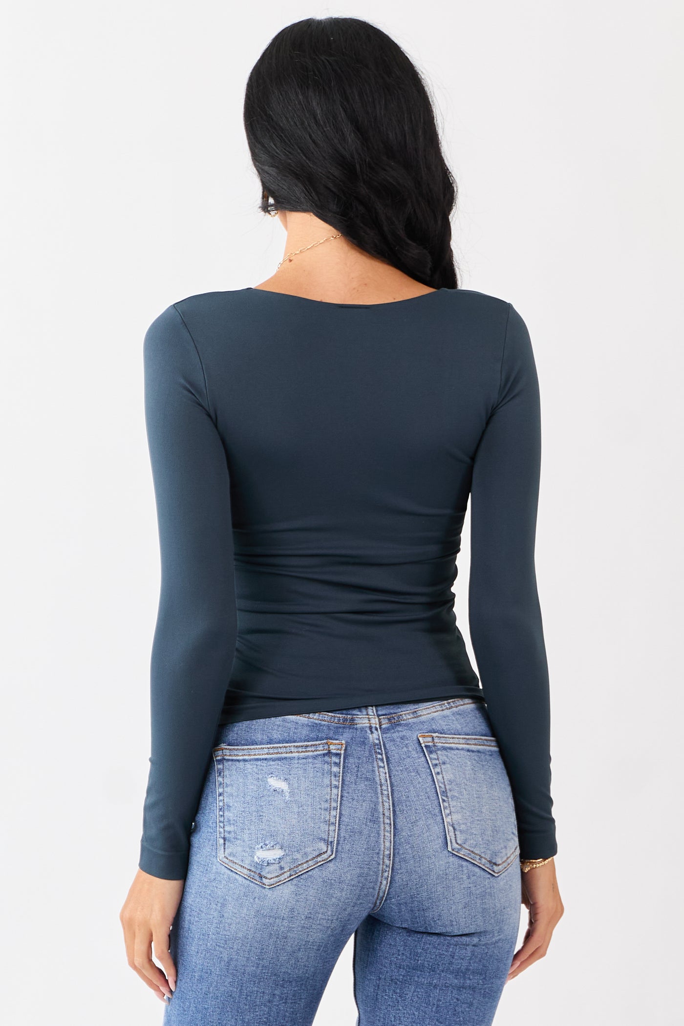 Dark Juniper Scoop Neck Fitted Long Sleeve Top