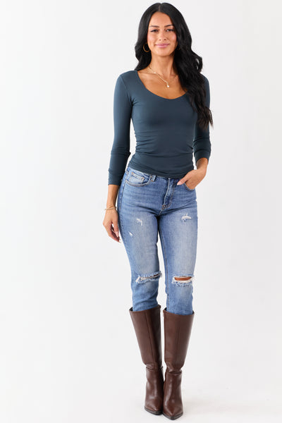 Dark Juniper Scoop Neck Fitted Long Sleeve Top