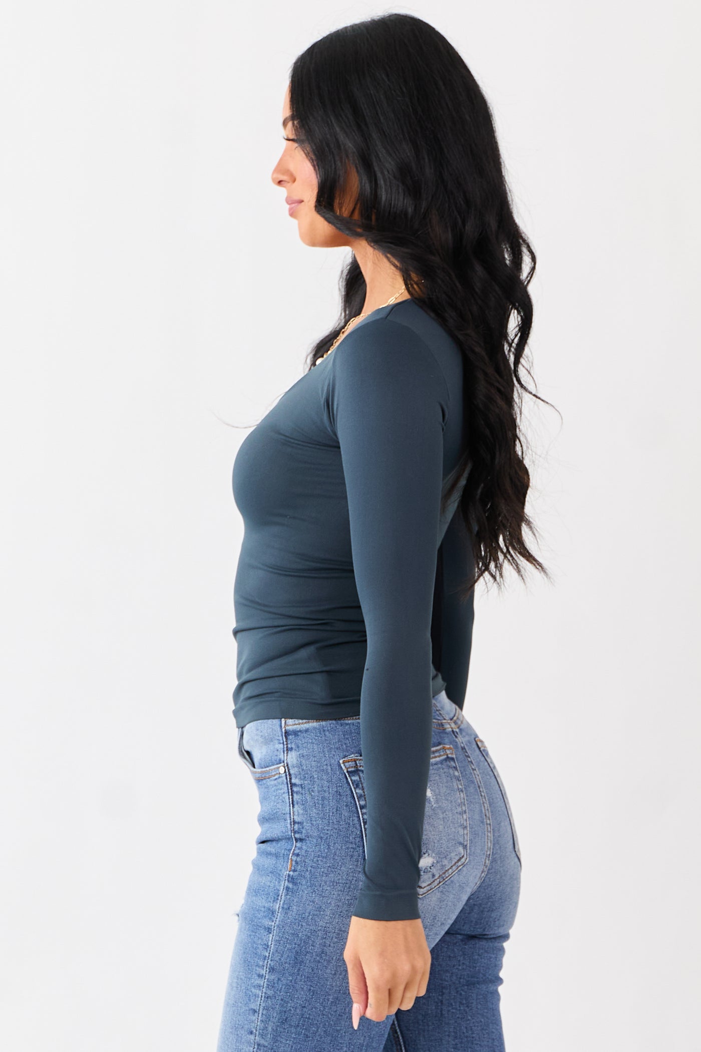 Dark Juniper Scoop Neck Fitted Long Sleeve Top