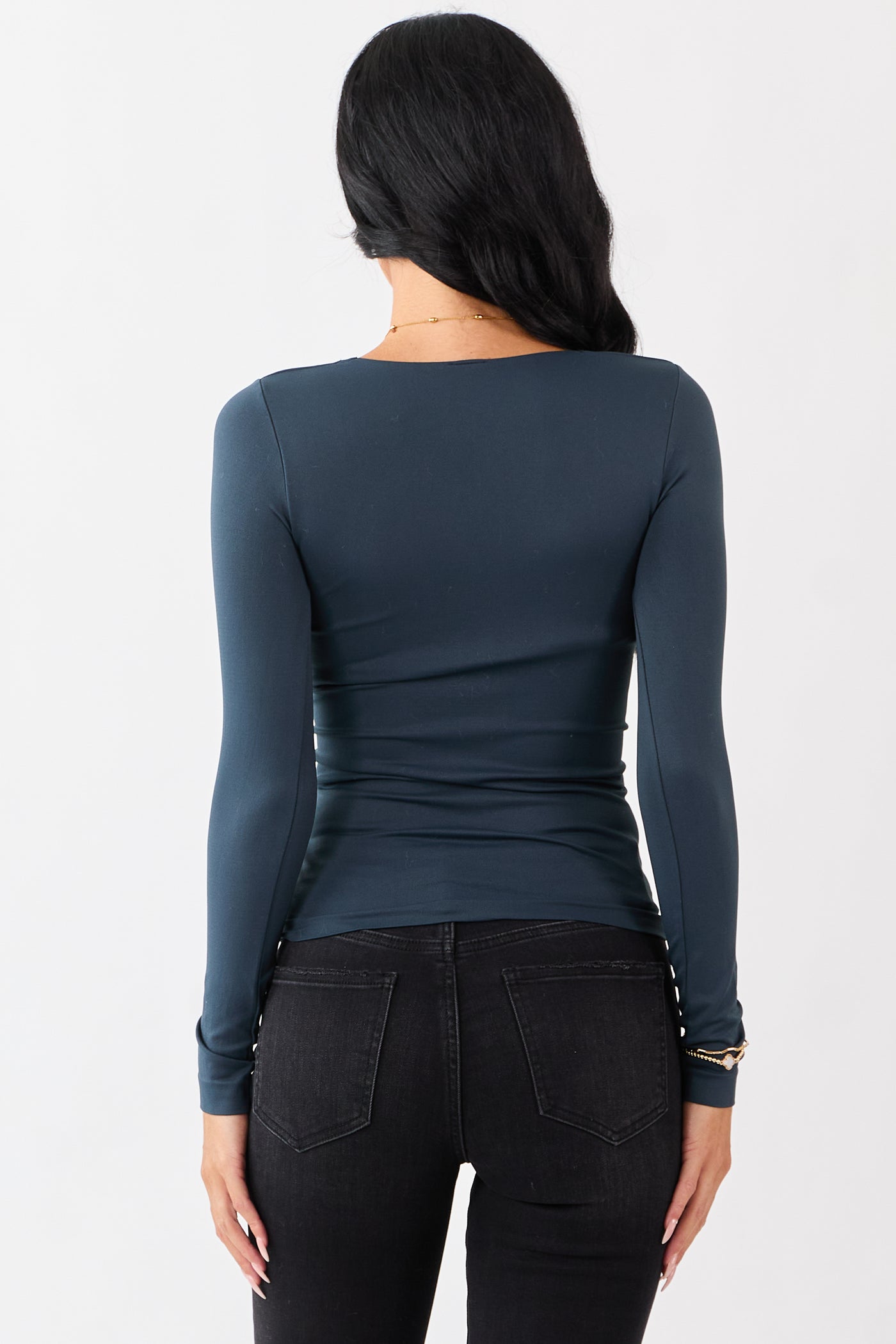 Dark Juniper Shirred Bust Fitted Long Sleeve Top