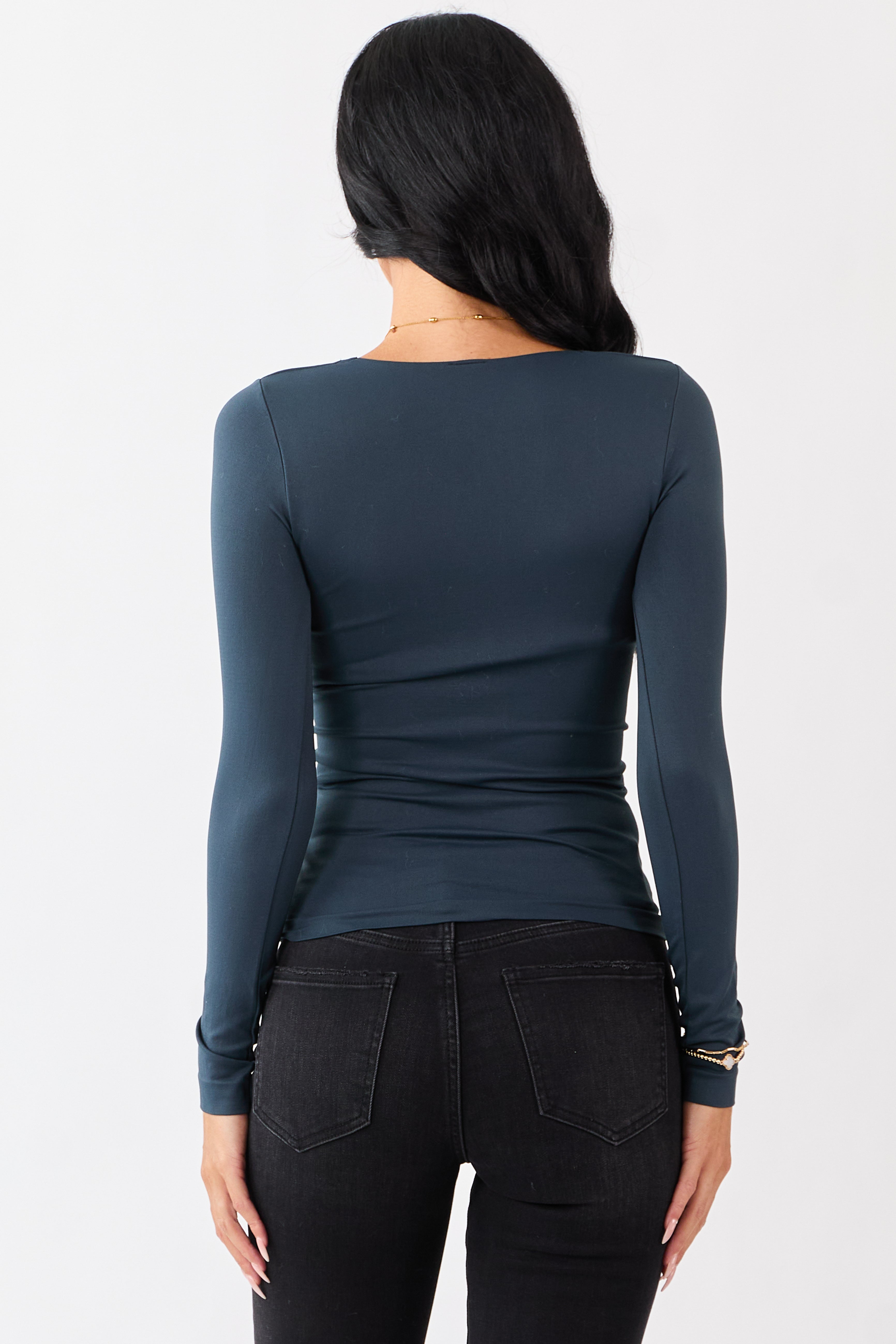 Dark Juniper Shirred Bust Fitted Long Sleeve Top