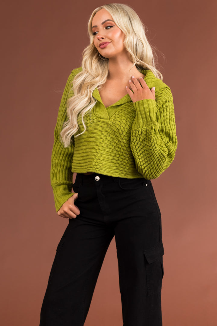 Dark Lime Collared V Neck Cropped Knit Sweater
